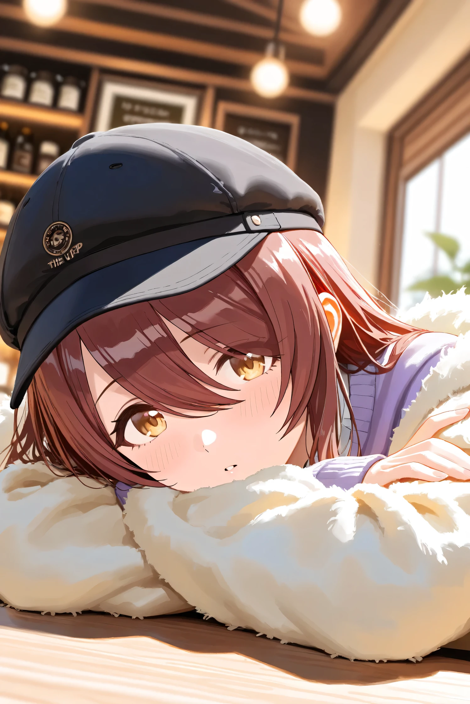 (Masterpiece), (Highest quality), (Very detailed),
(The best shape), (Best Shadow), (Absurd),
(Detailed background), (So beautiful), Shiny ,
Extraordinary, Countershading, 8k, 32K, High resolution, Beautiful eyes in every detail,
Very Detailed CG, UHD,
Score_9, Score_8_up, Score_7_up, Source_anime,
(Pastel painting:1.2), (Watercolor painting:1.2),
(Masterpiece, Detailed:1.2), (Foreshortening:1.2),
Cinematic, Dramatic, (Depth of field:1.4),
(Blurry background:1.4), (Realistic background:1.4),
(Foreshortening:1.3),Dynamic angle, 1 girl,
Indoor, Coffee shop, Antique coffee shop,
Cinematic Light,
Osaki tenka,
The idolmaster shiny colors,
tenkaosaki,
Red hair, Brown hair, Yellow eyes,
(Casual wear:1.3),
Work cap, Black cap,
Fur coat, Khaki coat,
Sweater, Purple sweater,
Focus on face, (Close up shot:1.2),
(Blush:1.3), Parted lips, Looking at viewer,
Sitting, Lying face down, Crossed arms, Head tilt,
Realistic skin, Shiny skin,