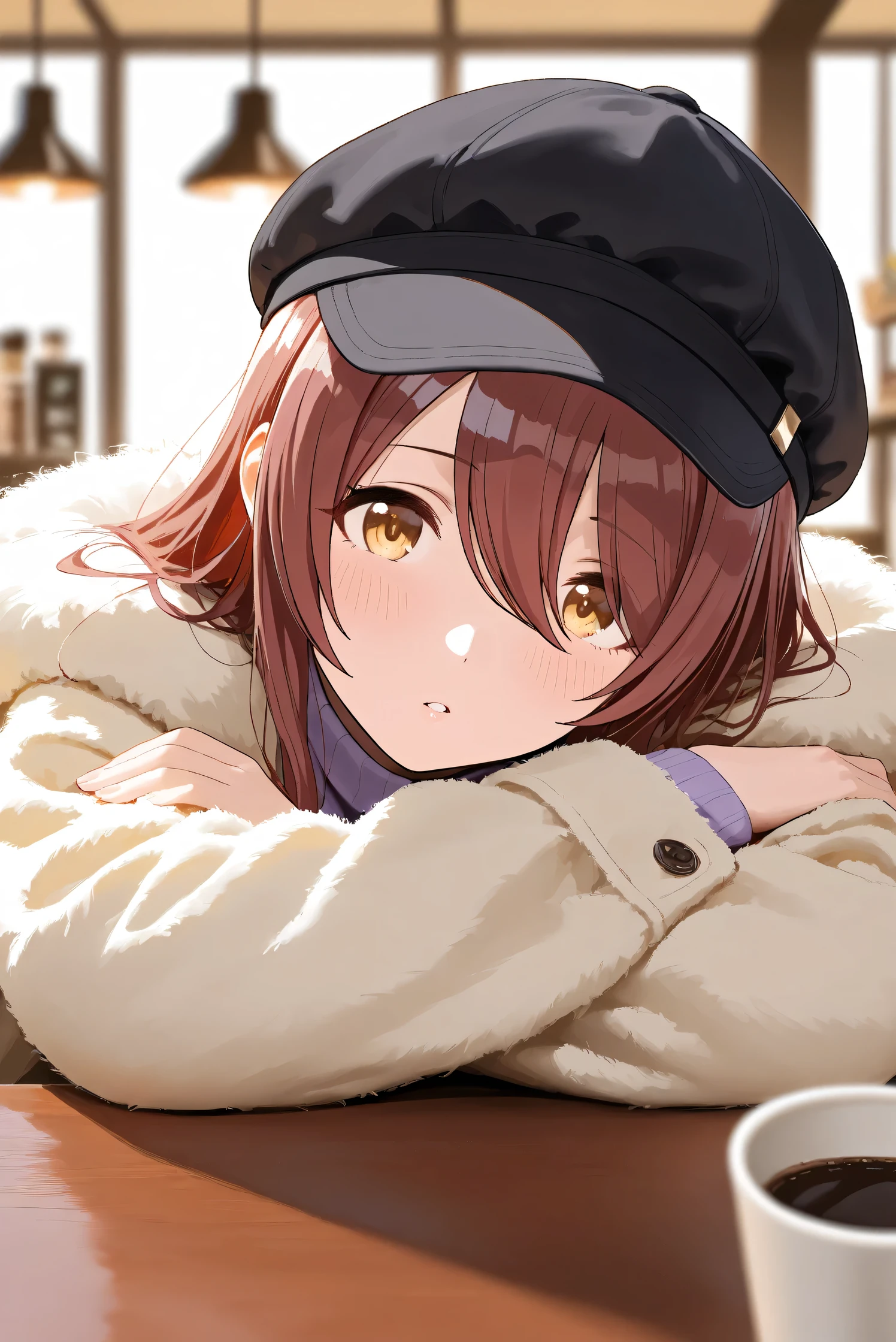 (Masterpiece), (Highest quality), (Very detailed),
(The best shape), (Best Shadow), (Absurd),
(Detailed background), (So beautiful), Shiny ,
Extraordinary, Countershading, 8k, 32K, High resolution, Beautiful eyes in every detail,
Very Detailed CG, UHD,
Score_9, Score_8_up, Score_7_up, Source_anime,
(Pastel painting:1.2), (Watercolor painting:1.2),
(Masterpiece, Detailed:1.2), (Foreshortening:1.2),
Cinematic, Dramatic, (Depth of field:1.4),
(Blurry background:1.4), (Realistic background:1.4),
(Foreshortening:1.3),Dynamic angle, 1 girl,
Indoor, Coffee shop, Antique coffee shop,
Cinematic Light,
Osaki tenka,
The idolmaster shiny colors,
tenkaosaki,
Red hair, Brown hair, Yellow eyes,
(Casual wear:1.3),
Work cap, Black cap,
Fur coat, Khaki coat,
Sweater, Purple sweater,
Focus on face, (Close up shot:1.2),
(Blush:1.3), Parted lips, Looking at viewer,
Sitting, Lying face down, Crossed arms, Head tilt,
Realistic skin, Shiny skin,