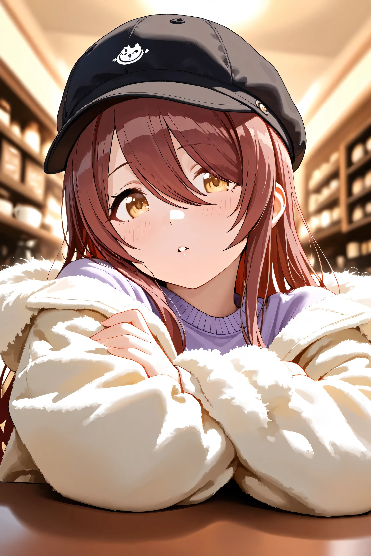 (Masterpiece), (Highest quality), (Very detailed),
(The best shape), (Best Shadow), (Absurd),
(Detailed background), (So beautiful), Shiny ,
Extraordinary, Countershading, 8k, 32K, High resolution, Beautiful eyes in every detail,
Very Detailed CG, UHD,
Score_9, Score_8_up, Score_7_up, Source_anime,
(Pastel painting:1.2), (Watercolor painting:1.2),
(Masterpiece, Detailed:1.2), (Foreshortening:1.2),
Cinematic, Dramatic, (Depth of field:1.4),
(Blurry background:1.4), (Realistic background:1.4),
(Foreshortening:1.3),Dynamic angle, 1 girl,
Indoor, Coffee shop, Antique coffee shop,
Cinematic Light,
Osaki tenka,
The idolmaster shiny colors,
tenkaosaki,
Red hair, Brown hair, Yellow eyes,
(Casual wear:1.3),
Work cap, Black cap,
Fur coat, Khaki coat,
Sweater, Purple sweater,
Focus on face, (Close up shot:1.2),
(Blush:1.3), Parted lips, Looking at viewer,
Sitting, Lying face down, Crossed arms, Head tilt,
Realistic skin, Shiny skin,
