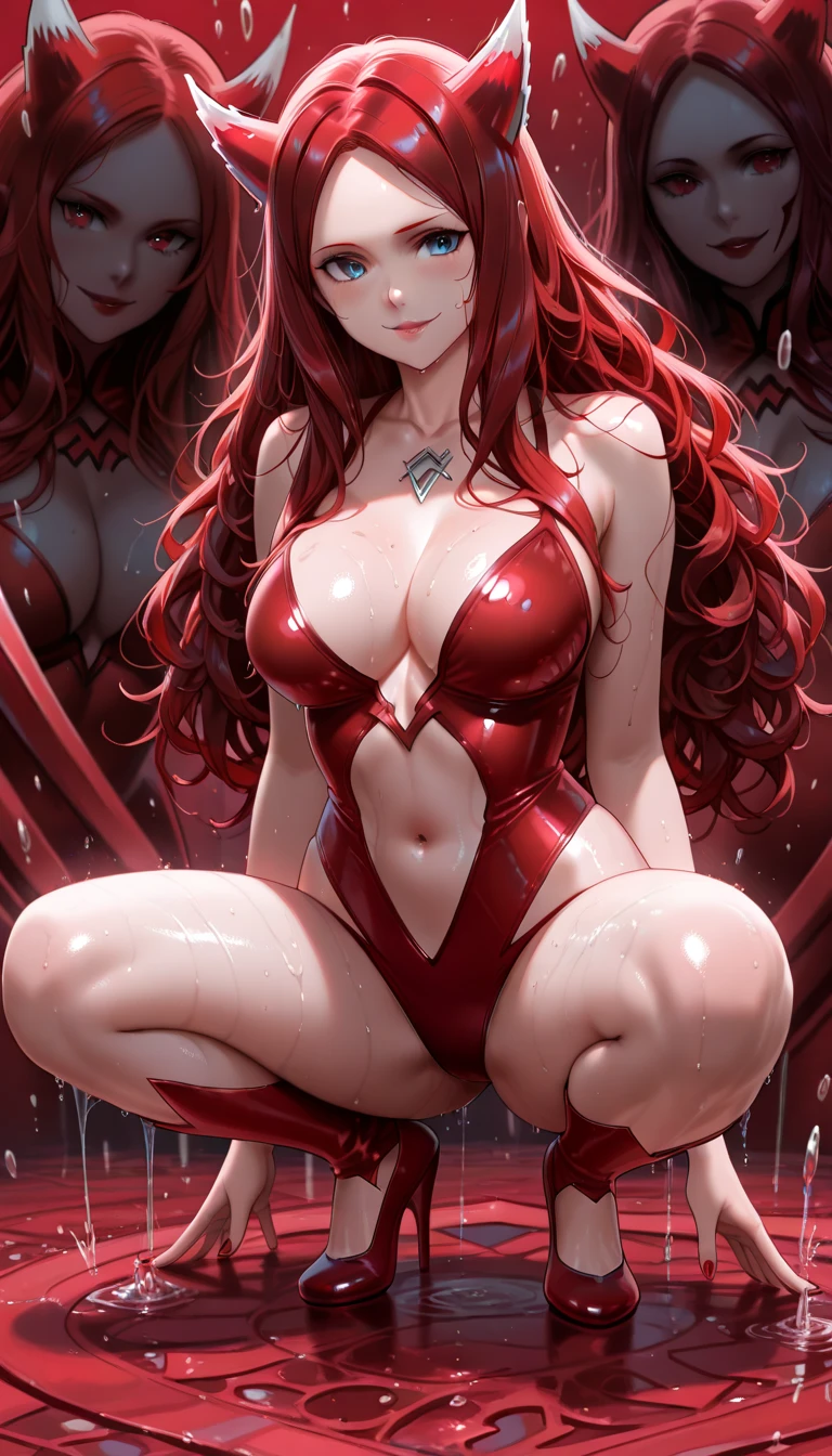 masterpiece, very detailed, ultra detailed, One, (1 woman), super mature, high, milf style, mature mother, long hair, Red hair, dragon woman, mother, Red Dragon, black dragon horns, dragon wings, Red scales, Beautiful, charming, Red eyes, elegant, big breasts (Huge, torn), Perky breasts, Friendly smile, charming, she’s naked, Six pack abs, defined abs, dark background, Futuristic setting .