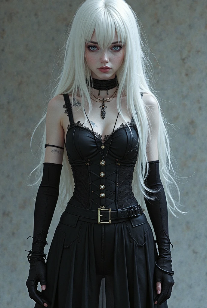goth girl, white hair, heavy goth makeup, portrait, dark, cropped corset top, choker, armpit, navel, deep navel,