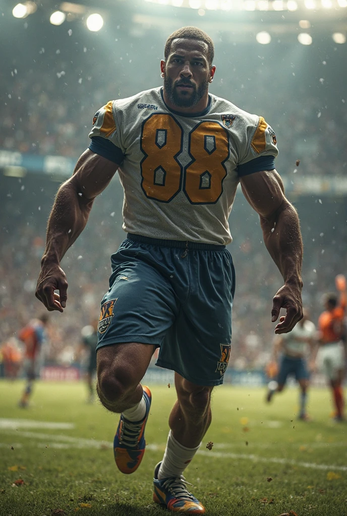 (realistic), (photorealistic), ((masterpiece)), ((best quality)), (detailed), natural lighting, soft shadow, detailed background, photography, depth of field, intricate details, ultra detail, detailed face, subsurface scattering, realistic eyes, muscular, manly, large pectorals, pectorals, abs, photo of a handsome (man), handegg, football field, pants, holding ball, beard, dynamic movement, shoulder armor,