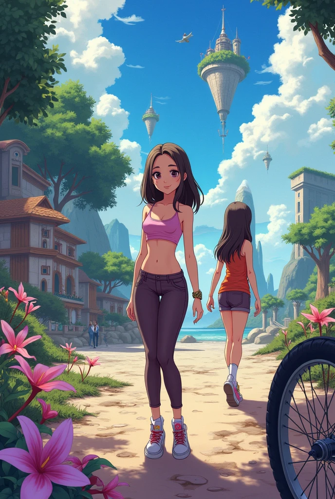 ((masterpiece, best quality)), full body, (solo 0.6), 1 girl, adult, bracelet, (dark skin 0.6), dark brown hair, short hair, brown eyes, sunset, desert ruins, pink top, orange shorts, large breasts, no bra, nipple outline, grinning, sexy