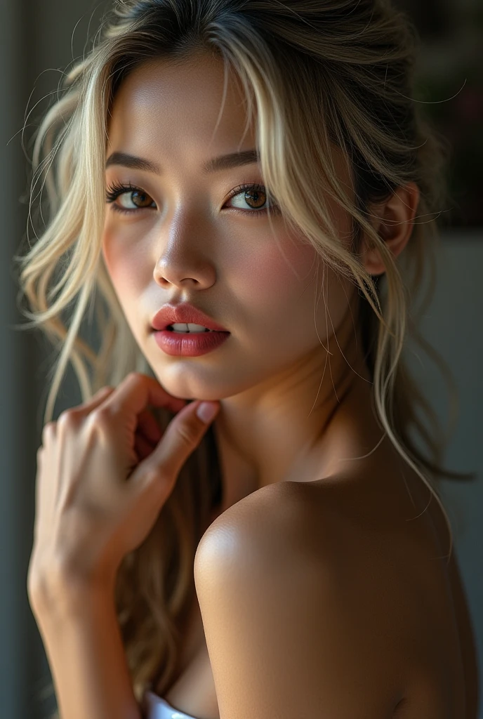 [whole body shot] professional, (4k image:1.1), (clear focus:1.3), Very detailed, have on (tight shirt:1.2), Beautiful and delicate face, bright Eyes, long light hair, (attractive young woman:1.3), (tempting:1.1), (blush:1.1), Pear shape, perfect hands, natural breast, without bra, with hard marked nipples, Wide hips. -- Sexy body -- Prominent naked breasts -- Details, whole body, full of femininity, tempting, gorgeous, pose sexy, meditation, unreal engine 5. [unclothed]. 