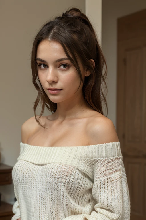 Belle brune portant un pull beige clair, Very detailed, 25 ans, plein-pied, visage innocent, natural wavy hair, yeux verts, High resolution, Masterpiece, Best quality, intricate high detail, highly detailed, mise au point nette, detailed skin, realistic skin texture, texture, detailled eyes, professionnel, 4K, sourire charmant, filmed on Canon, 85 mm, faible profondeur de champ, Couleur Kodak Vision, perfect fit body, Extremely detailed, photoreallistic, Realstic, Post-traitement, maximum details, roughness, real life, ultra realist, photorealism, photographie, 8K UHD, photographie