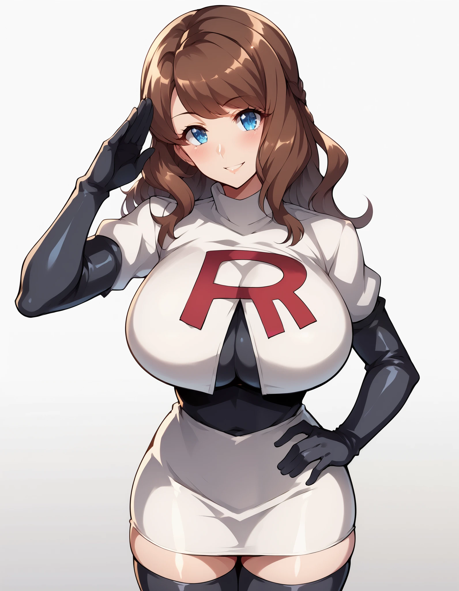 score_9, score_8_up, score_7_up, score_6_up, score_5_up, score_4_up, source_anime, 1girl, solo, brown hair, mature female, long hair, huge breasts,breasts hanging, smile, blush, looking at viewer,blue eyes,detailed eyes,high definition eyes,Cosplay_TeamRocket, team rocket uniform, white jacket, cropped jacket, white skirt, elbow gloves, black thighhighs, zettai ryouiki,,black and white gradient background, yellow and black gradient background,soldier's salute, challenging look, smiling,standing, hand on waist,