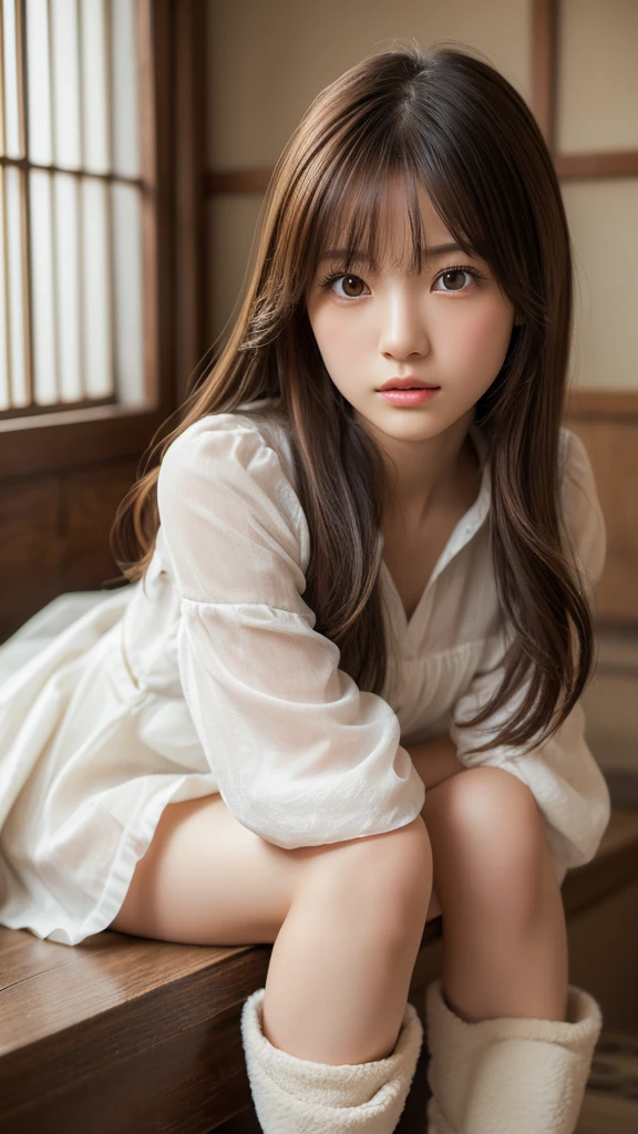 1 girl, full body, indistinct , detailed clothes,white tights, indistinct , casual white shirt, (delicate illustration:1.4),(masterpiece:1.0), (best quality:1.4), (ultra highres:1.2), (photorealistic:1.4), (8k, RAW photo:1.2), (soft focus:1.4), (18yo:1.3), (sharp focus:1.4), detailed beautiful face