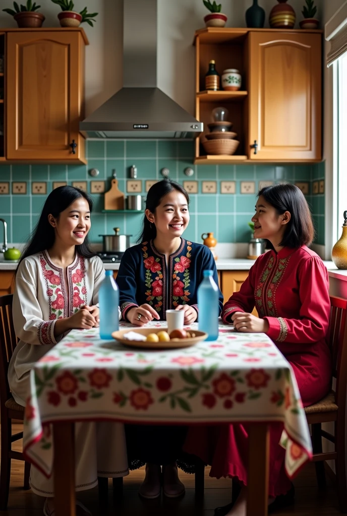 watercolor, A woman around 35 years old, with medium-length hair, wearing a pink top and jeans, is sitting across from a 20-year-old woman with medium-length hair, wearing a dress. They are at a Chinese congee shop, each eating a bowl of congee, and engaged in a deep conversation.