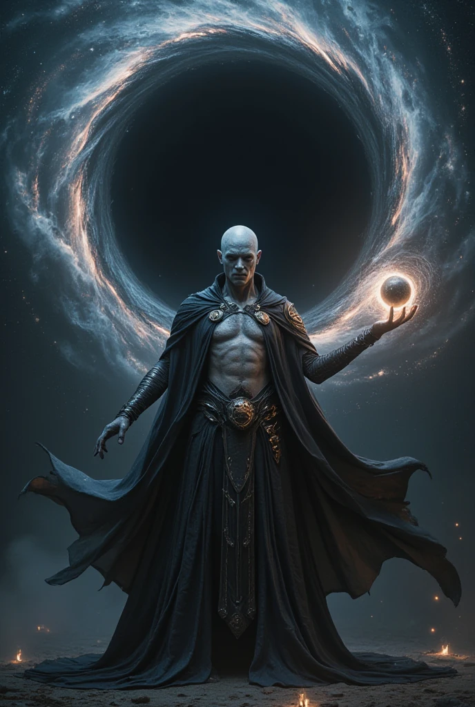 (radagon),dorado,Create a highly detailed and atmospheric digital painting of a cosmic dark entity meditating in a lotus position on the surface of a barren planet. The entity has a shadowy, featureless face and a muscular humanoid body covered in dark organic tendrils that appear to flow and twist around it.. A bright red crystal is embedded in his chest, pulsating with dark energy. Above the head of the entity, A spinning purple and black cosmic vortex with a glowing mystical orb at its center radiates power, Shedding an ethereal light. The background features a vast star-filled galaxy with purple nebulas and distant cosmic phenomena., creating a sense of infinite space and power. The lighting is dark and sinister, and the main sources of light are the glowing red crystal and the mystical orb. The overall color palette is dominated by deep purples., black and touches of red, evoking a sense of cosmic mystery and power.