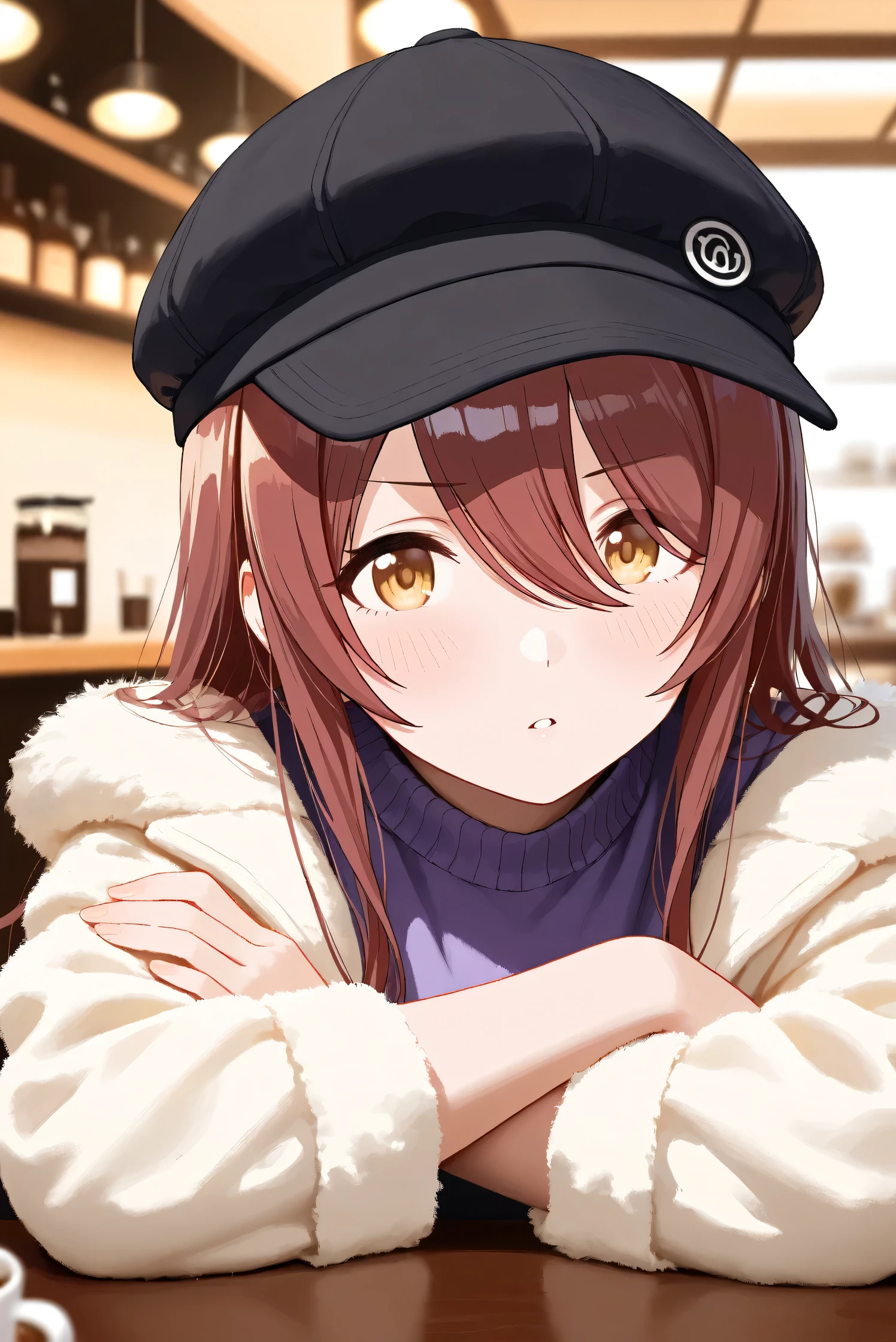 (Masterpiece), (Highest quality), (Very detailed), 
(The best shape), (Best Shadow), (Absurd), 
(Detailed background), (So beautiful), Shiny , 
Extraordinary, Countershading, 8k, 32K, High resolution, Beautiful eyes in every detail,
Very Detailed CG, UHD,

Score_9, Score_8_up, Score_7_up, Source_anime, 
(Pastel painting:1.2), (Watercolor painting:1.2),
(Masterpiece, Detailed:1.2), (Foreshortening:1.2),

Cinematic, Dramatic, (Depth of field:1.4),
(Blurry background:1.4), (Realistic background:1.4),
(Foreshortening:1.3),Dynamic angle, 1 girl,
Indoor, Coffee shop, Antique coffee shop,
Cinematic Light,

Osaki tenka,
The idolmaster shiny colors,
tenkaosaki,
Red hair, Brown hair, Yellow eyes,

(Casual wear:1.3),
Work cap, Black cap, 
Fur coat, Khaki coat,
Sweater, Purple sweater, 

Focus on face, (Close up shot:1.2),
(Blush:1.3), Parted lips, Looking at viewer,
Sitting, Lying face down, Crossed arms, Head tilt,
Realistic skin, Shiny skin,