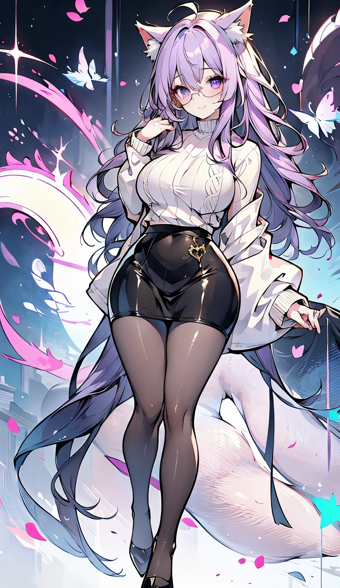 masterpiece, best quality, 1girl, ((looking at viewer)), lilac hair, purple eyes, long hair, ahoge, sweater, sweater skirt, pantyhose, 163cm, hair between eyes, large breasts, adult, 33 years old, mature, glasses, solo, sole, smile, cat ears, cat tail, fang, catgirl, animal ears, full body, thicc coxas, fancy