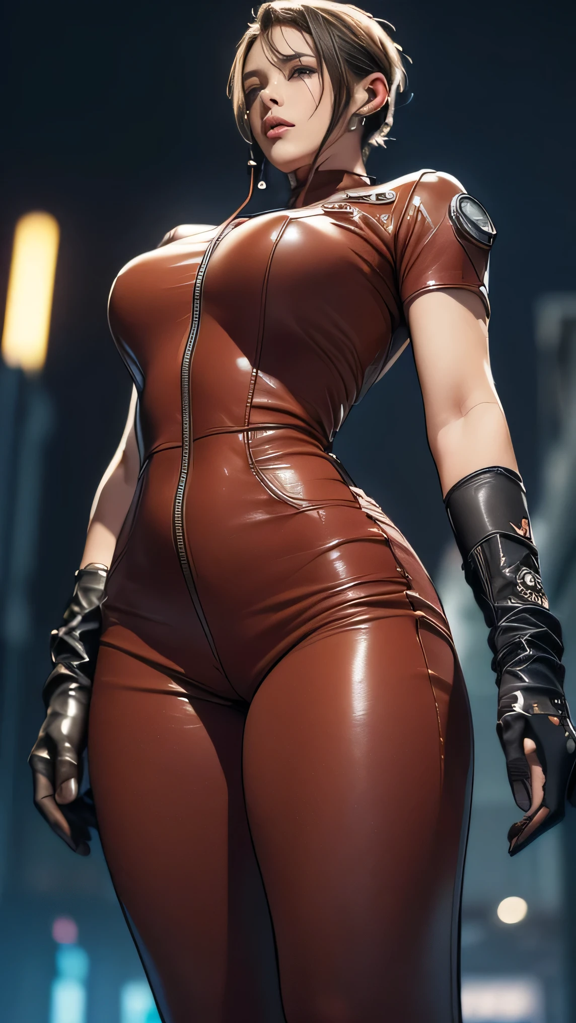 (A woman),(((A female special forces member stands))),((Maroon tactical High leg bodysuit:1.5)),((earphone:1.5)),((Tactical Holster:1.5)),(Gloves:1.5),(Serious:1.5),(Super short hair:1.5),(bionde:1.5),(beautiful eyes:1.3),(Very detailedな顔:1.5),((Very detailed drawing of a female hand:1.5)),((muscular:1.5)),(Sexy appearance:1.5),((Thick thighs:1.5)),(Beautiful Body:1.5),((Very sensual:1.5)),(The backdrop is a futuristic city:1.5),(Cyberpunk atmosphere:1.5),(((Blurred Background:1.5))),(Written border depth:1.5),rest(((masterpiece:1.5),(best quality:1.5),(Very detailed:1.5),(high resolution:1.5),(Practical:1.5),(Practical:1.5),(Delicate depiction),(Carefully drawn))),8k,wallpaper,(from below:1.2),(((cameltoe:1.2)))