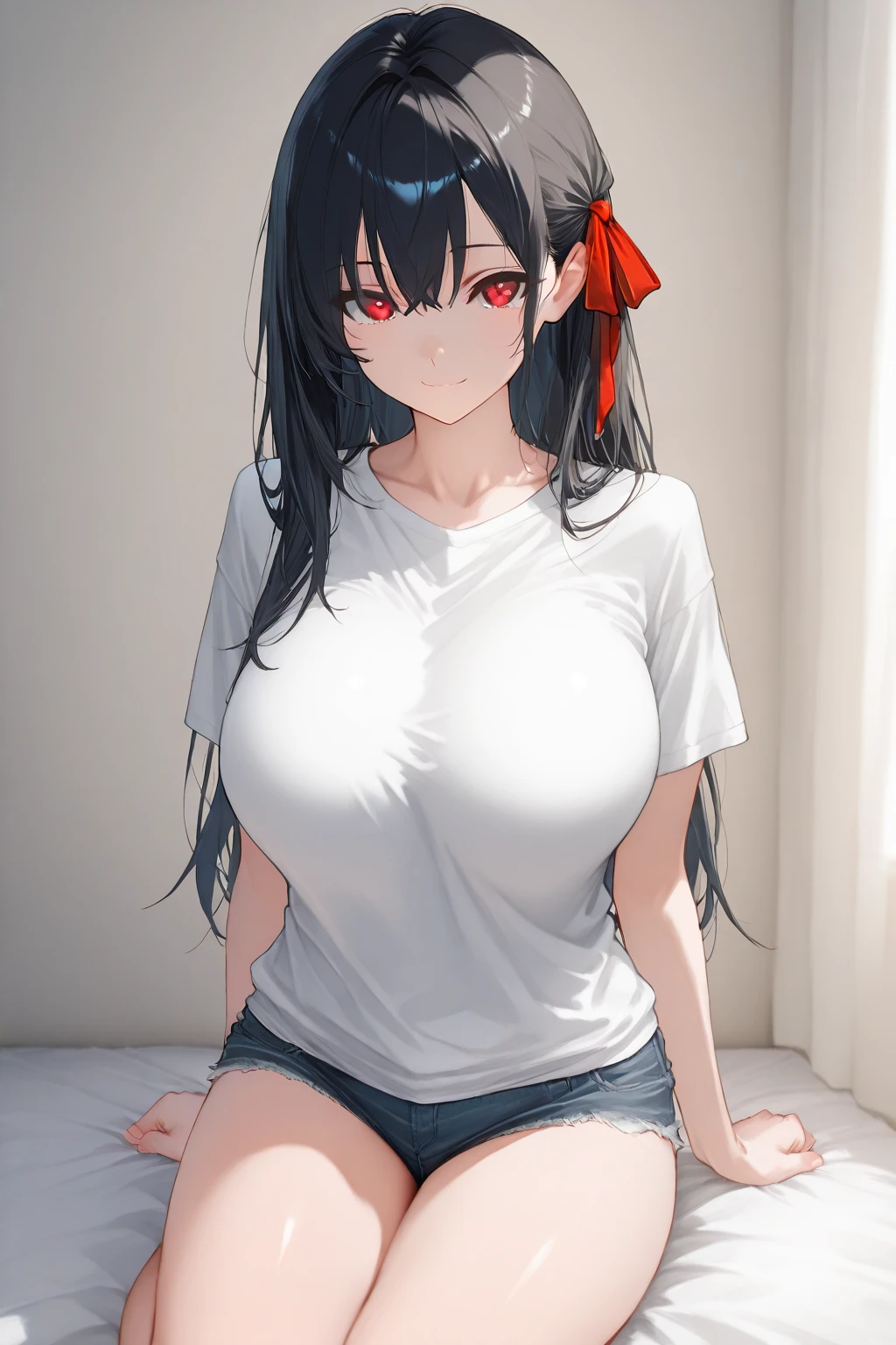 Optimal,masterpiece,High resolution,highest quality,hyper hd,Super detailed,award-winning,16k,alone,(cowboy shot)、cute face,,black hair、long hair、twin tails、 hair line,((scarlet eyes)),long eyelashes,drooping corners of the eyes,Are standing、open your legs、slender legs、white skin,((shoot from below)), ((See-through camisole:1.5)), ((transparent nipples))、rocket tits , ((big breasts:1.2)),