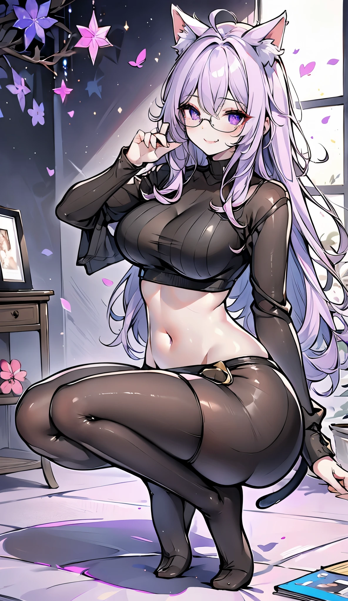 masterpiece, best quality, 1girl, ((looking at viewer)), lilac hair, purple eyes, long hair,  ahoge, sweater, sweater skirt, pantyhose, 163cm, hair between eyes, large breasts, adult, 33 years old, mature, glasses, solo, sole, smile, cat ears, cat tail, fang, catgirl, animal ears, full body, thicc coxas, fancy