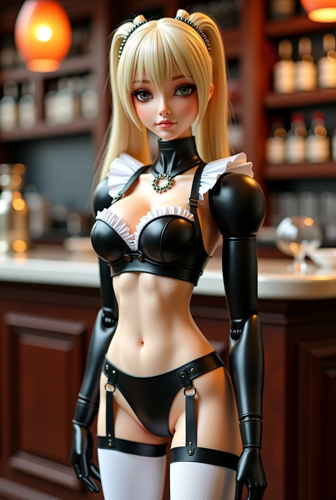 ((highest quality)), ((masterpiece)), (extremely detailed), kukolnydom, doll, mature woman, solo, standing, hand on waist, cowboy shot, seductive smile, long hair, playboy bunny, museum, 8k
