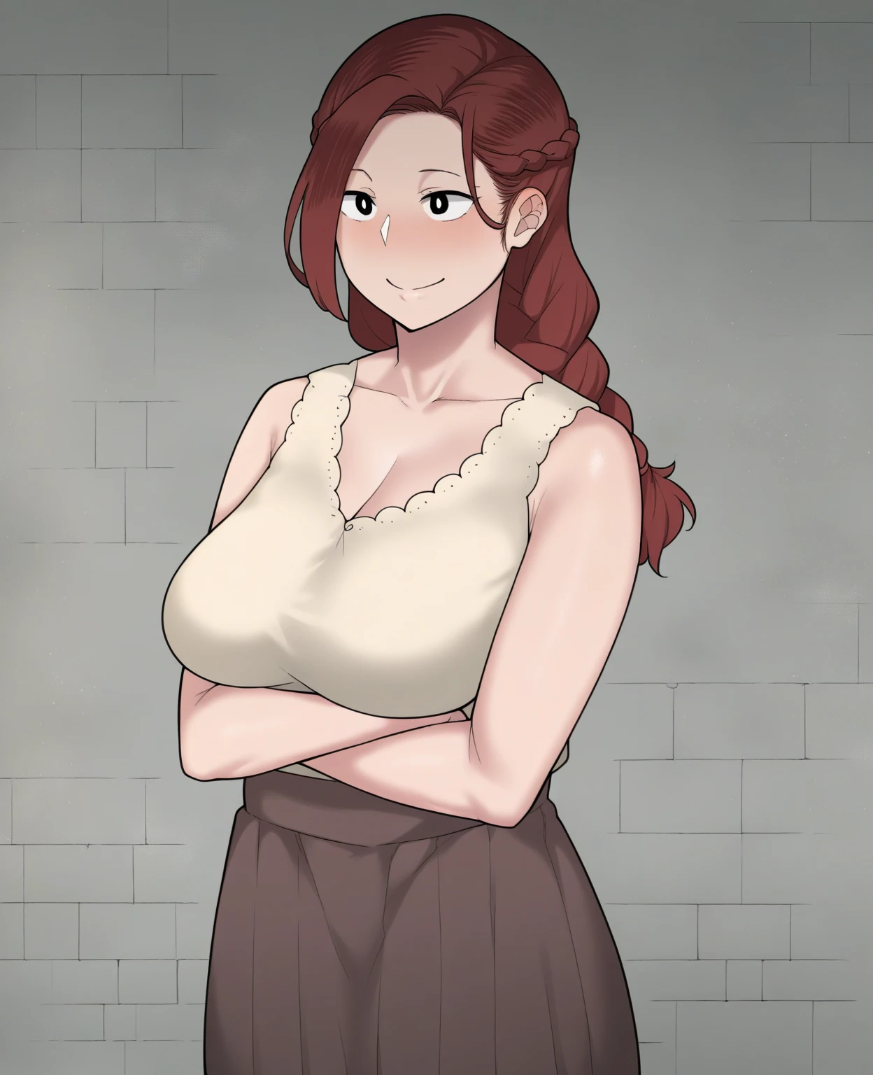 (masterpiece, best quality:1.2),illustration,8k,hd,1girl,solo,full body,long_hair,breasts,bangs,shirt,skirt,short_sleeves,cleavage,bare_shoulders,green_eyes,collarbone,off_shoulder,orange_hair,green_shirt,off-shoulder_shirt,brown_skirt,white_pupils,low_ponytail,hair_over shoulder,white thighhighs,brown footwear,<lora:Alex-Bubble-V1:1>