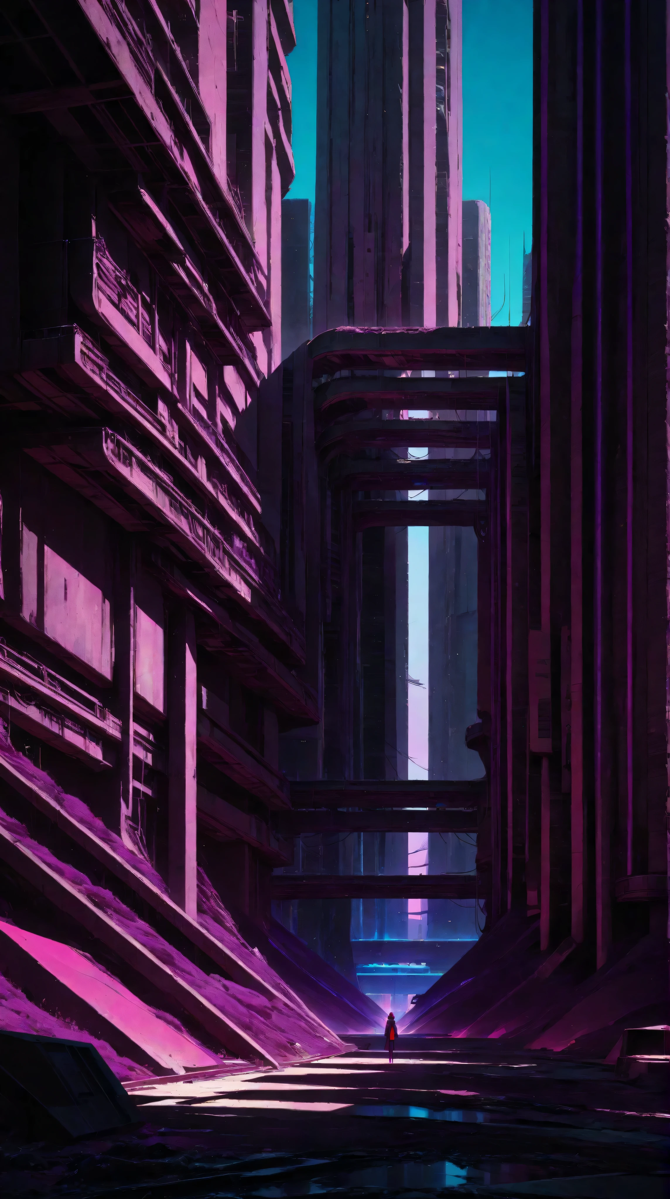 a futuristic landscape in the illustrative style of french illustrator Moebius, (purples, reds, blues), brutalist architecture, brutalism, retrofuturistic, french retro,