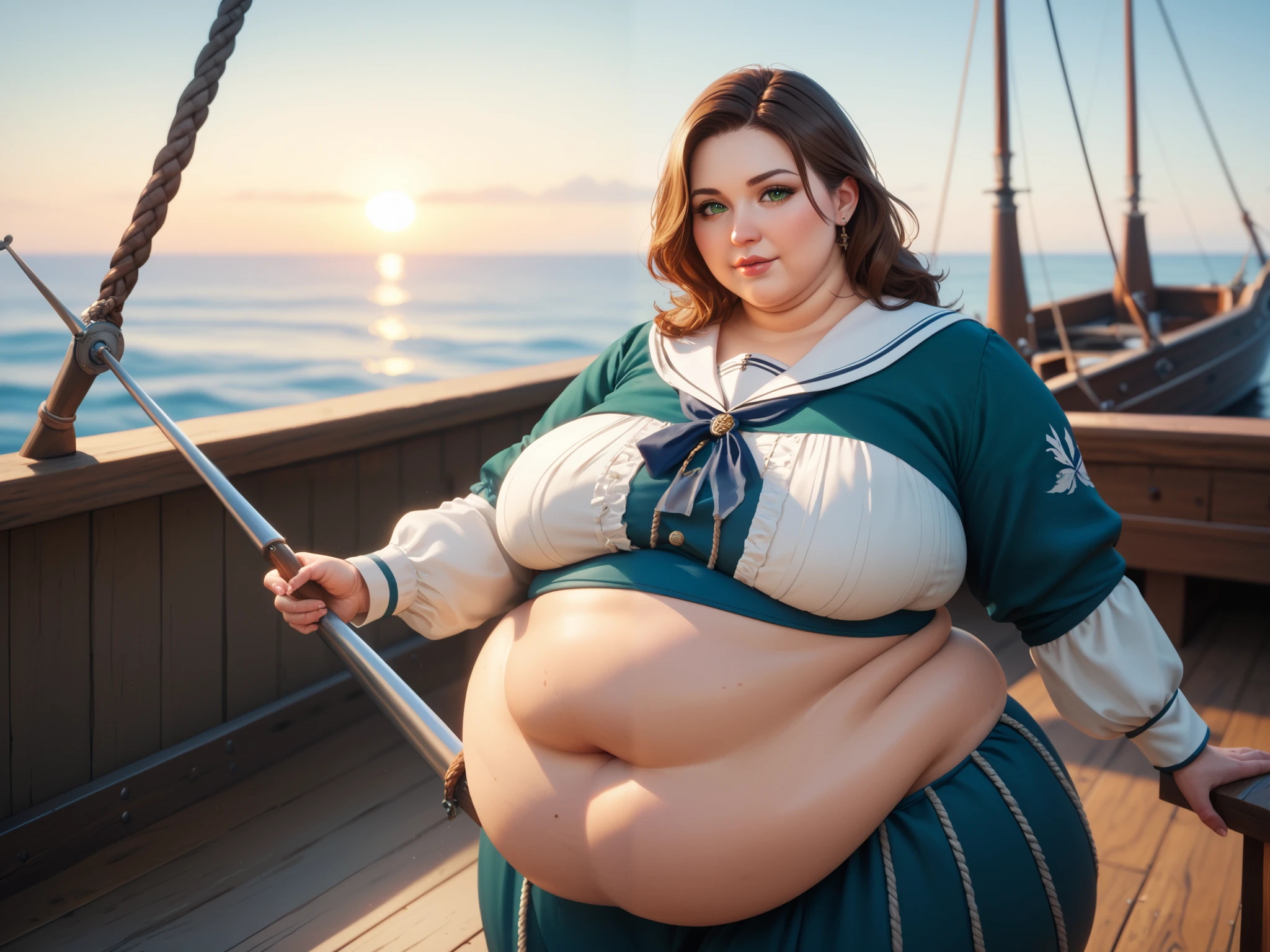 Spread legs,prisoner,pirates hat,BDSM,in ship,sitting on tabble,Blonde hair,handcuffs,gigantic breasts,huge breasts,nude,white skin,large breasts,busty,milf,pregnant,armpits:1.2,cum on breasts,cum on breasts,bdsm,((ropes tie the body)),ropes tie hand,sea,