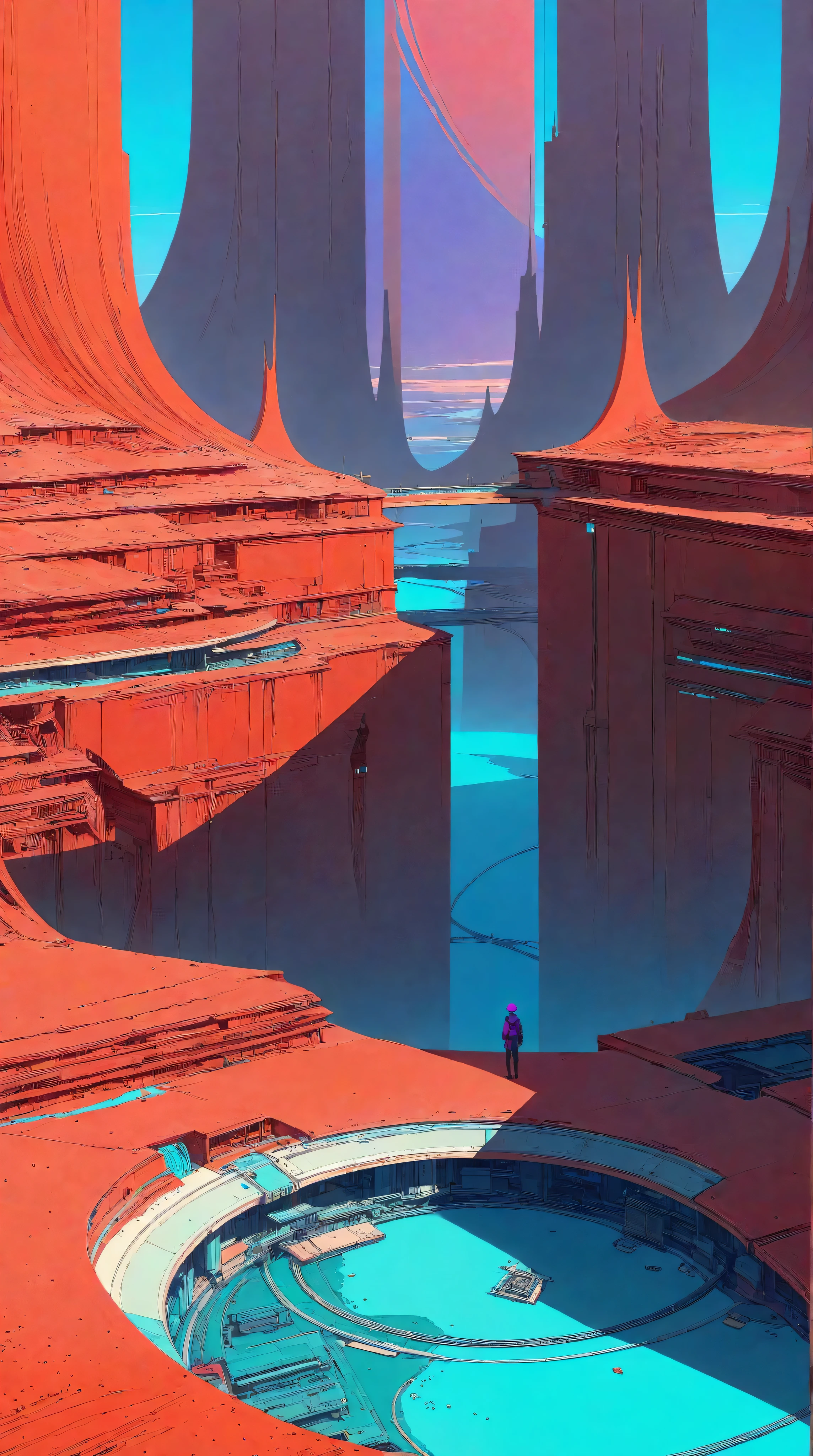 a futuristic landscape in the illustrative style of french illustrator Moebius, (purples, reds, blues),