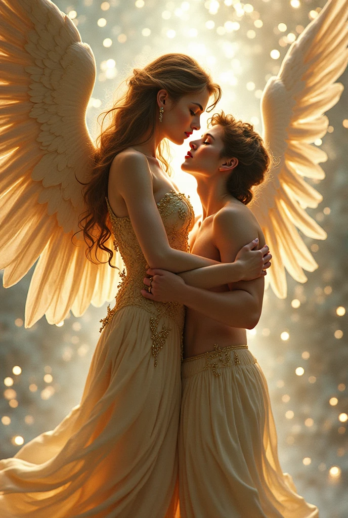 In the soft glow of twilight, an ultra sexy angelic mother with wings spread wide envelops two young boys in a tender embrace, their faces bathed in the golden light of hope and serenity. The angel's gentle touch conveys a sense of protection and guidance, while the boys lean into the embrace, finding solace and comfort in the ethereal presence surrounding them.