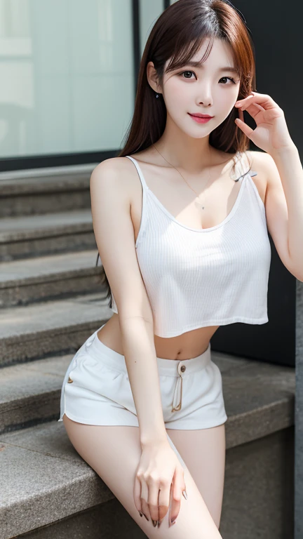 Beautiful Girl, Korean makeup, Red lips, smile lightly, Perfect body, big breasts, thigh, short shirt with open belly, lower abdomen, umbilical piercings, tight short shorts, white pants, sit on the floor, spread your legs wide, View of the park,