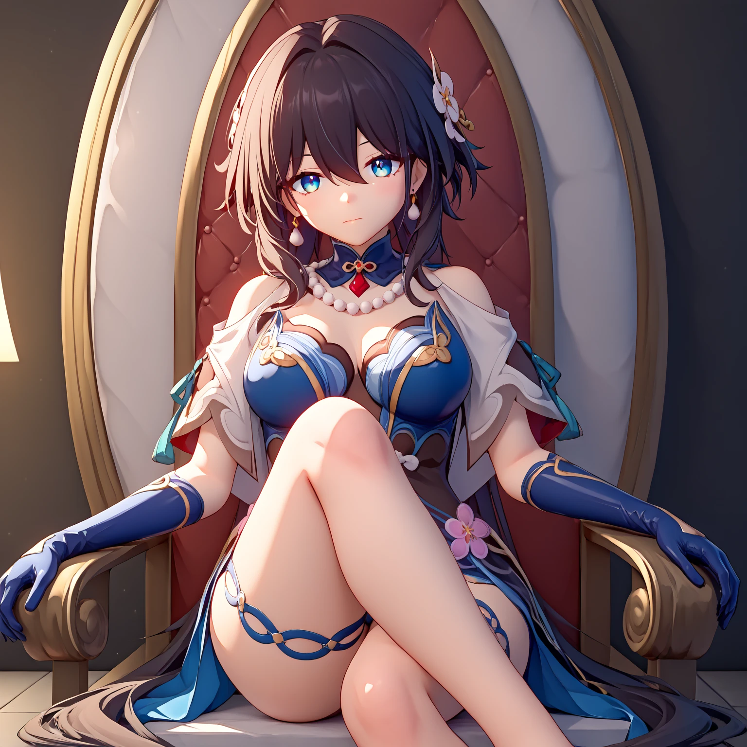masterpiece, highest quality, High resolution, amber, short hair, pantyhose, Hair Bow, Frills, Frills dress, Long sleeve, indoor, Cowboy Shot, smile、Big Breasts、Sit with your legs apart、Lace panties
