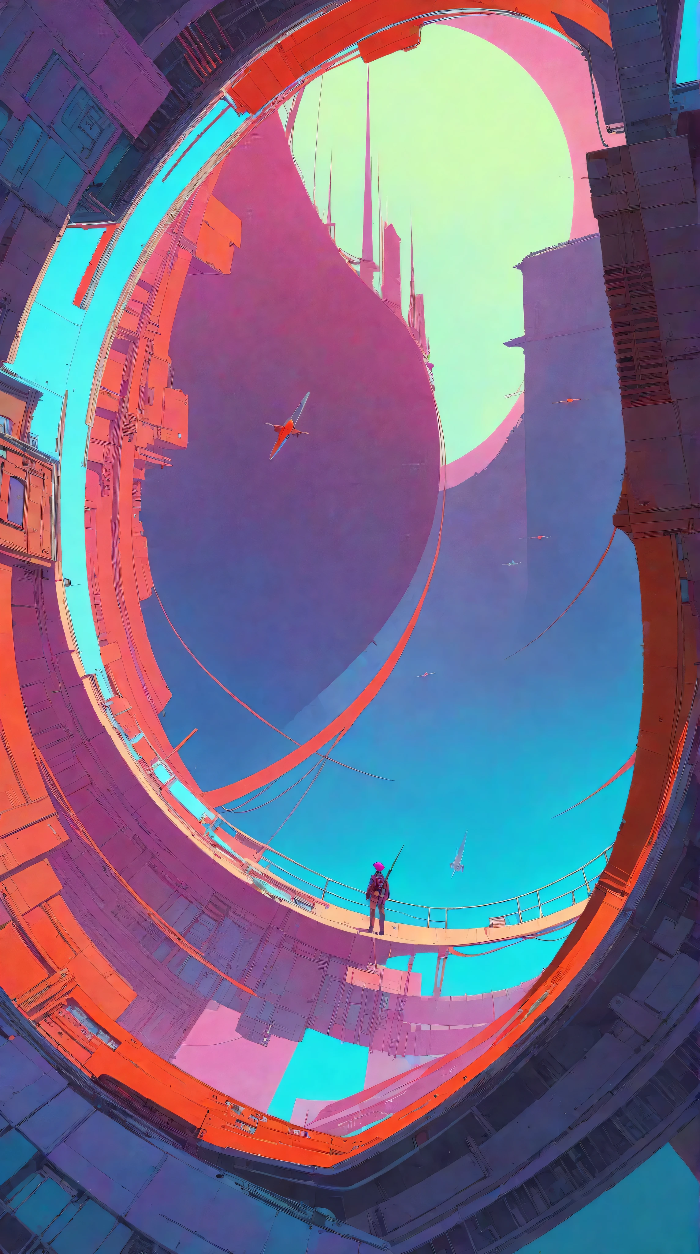 a futuristic landscape in the illustrative style of french illustrator Moebius, (purples, reds, blues),