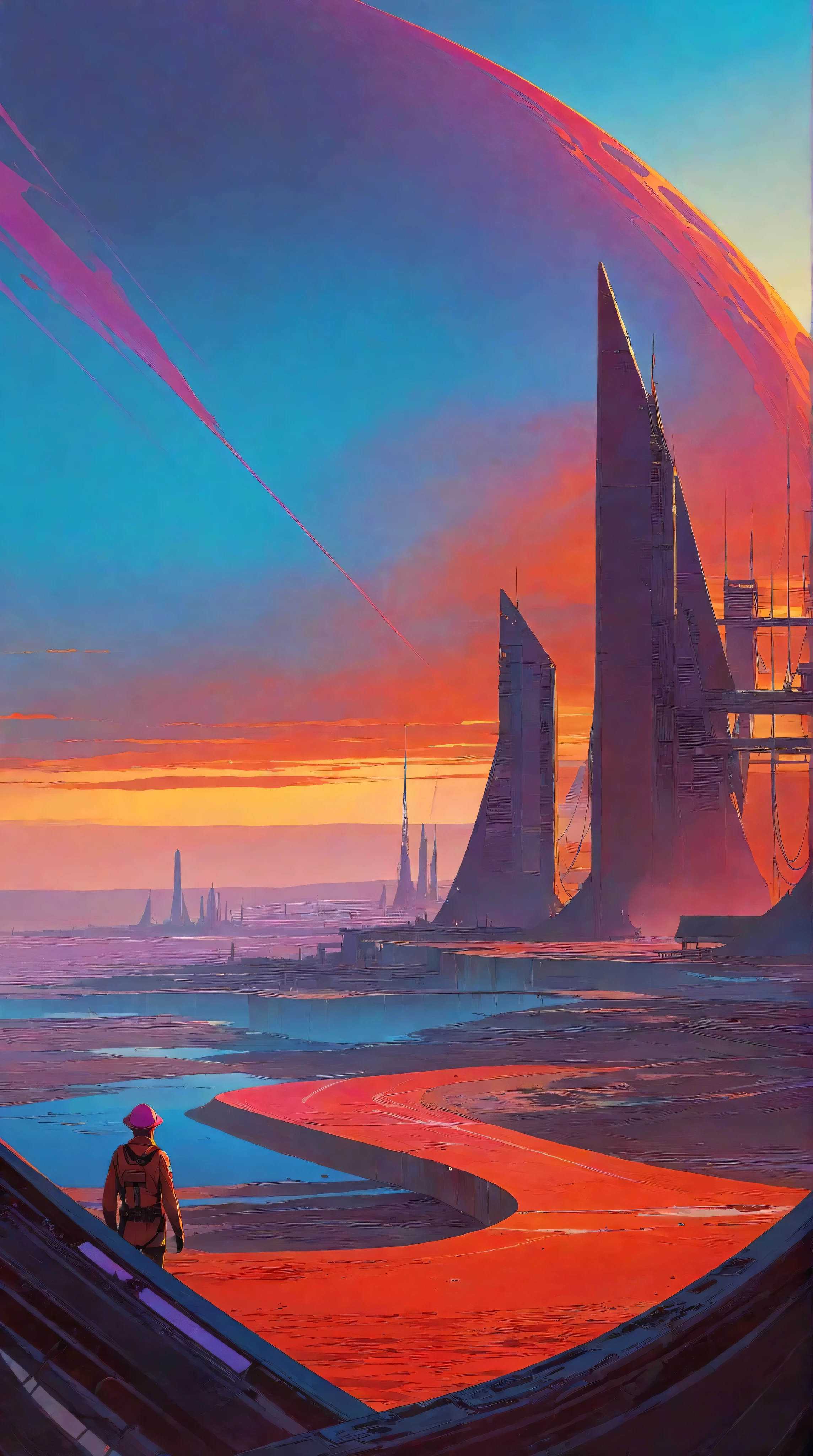 a futuristic landscape in the illustrative style of french illustrator Moebius, (purples, reds, blues),