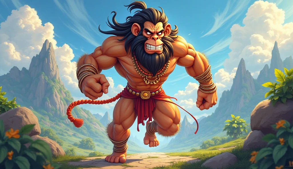 In cenamatic 3d cartoon style" Hanuman standing guard with a mighty mace in his hand, protecting a village from evil spirits in the background.