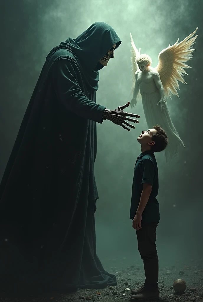 A realistic image in which Death with a scythe stretches out his hand to a man, above whom a white-haired angel girl hovers