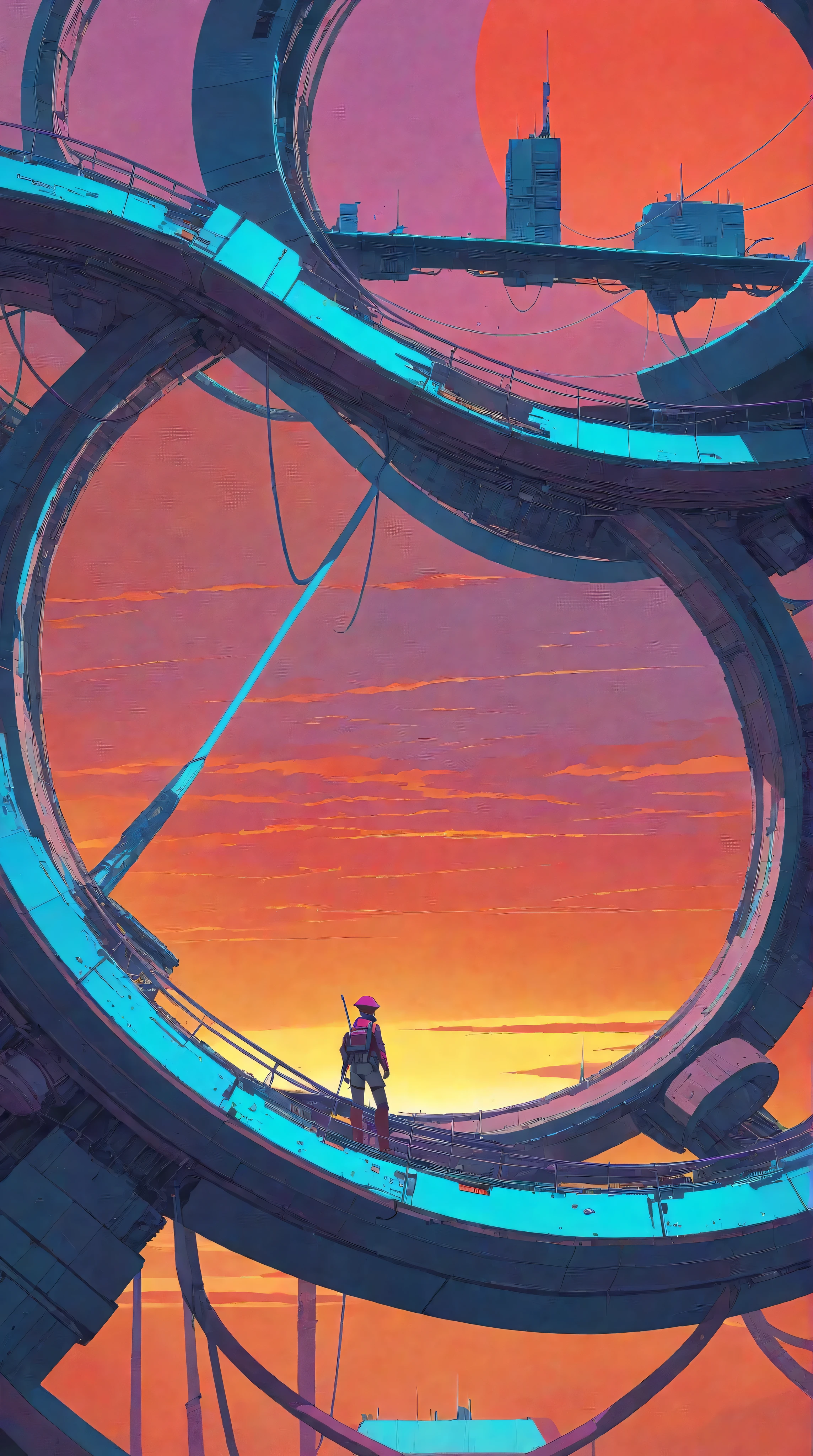 a futuristic landscape in the illustrative style of french illustrator Moebius, (purples, reds, blues),