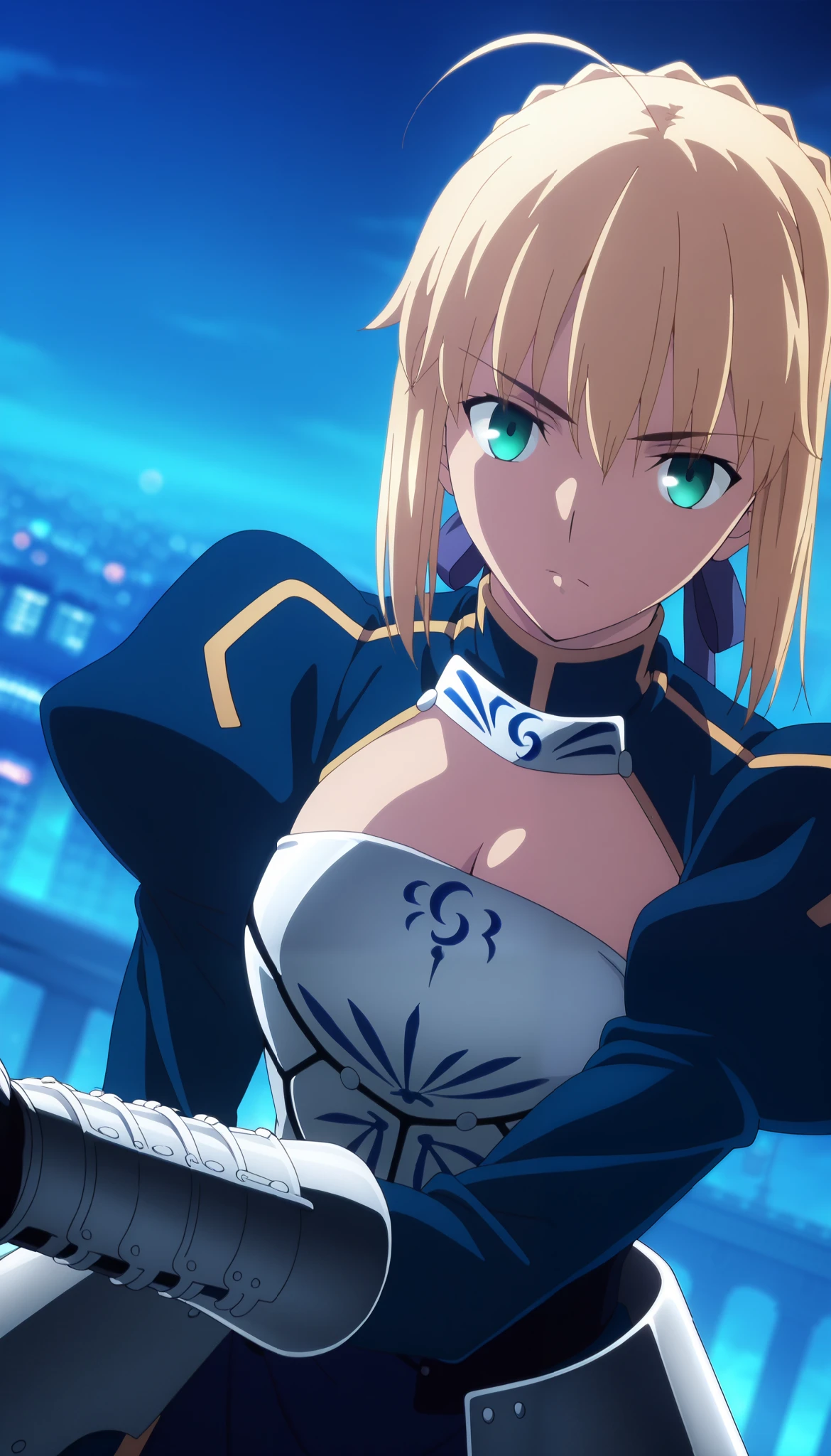 masterpiece, , absurdres, highres, detailed background, high resolution, masterpiece, necessary, detail, best quality, quality, necessary, details, High details, Precise,, steam, fog, load, city, dark, outdoors, lens flare, blurry background, night , from above, girl, ufotable style, anime style, anime screenshot, by ufotable, fate \(series\), heaven's feel, ((half eyes closed)), serious look, upper body, close view,(dutch angle), looking at viewer, small cleavage,
girl, mature, tall female,1girl, artoria pendragon (fate), saber (fate), blonde hair, green eyes, hair ribbon, blue ribbon, french braid, braided bun, single hair bun, short hair, sidelocks, turtleneck, blue dress, armored dress, long sleeves, juliet sleeves, gauntlets, faulds, thigh, long dress, medium breast, (anime coloring:1.2), (anime screencap:1.2), (pose:1.2),