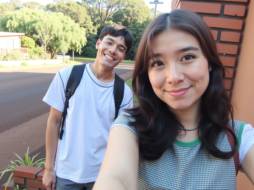 There's a man and a girl taking a selfie in front of a house, tirado no iphone 14 pro, tirado no iphone 1 3 pro, do lado de fora de uma casa, in front of the house, em um parque, Tiro com iPhone 1 0, vacation photo, Fotografia selfie 8k, Assumido em Go Pro Hero8, no parque, estilo desenho animado