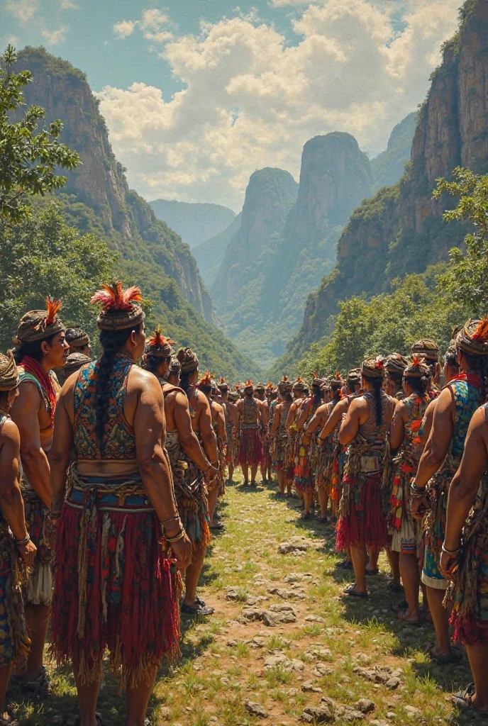 indigenous people against several Europeans approach for a first meeting. The expressions are mixed, ranging from curiosity to distrust.
