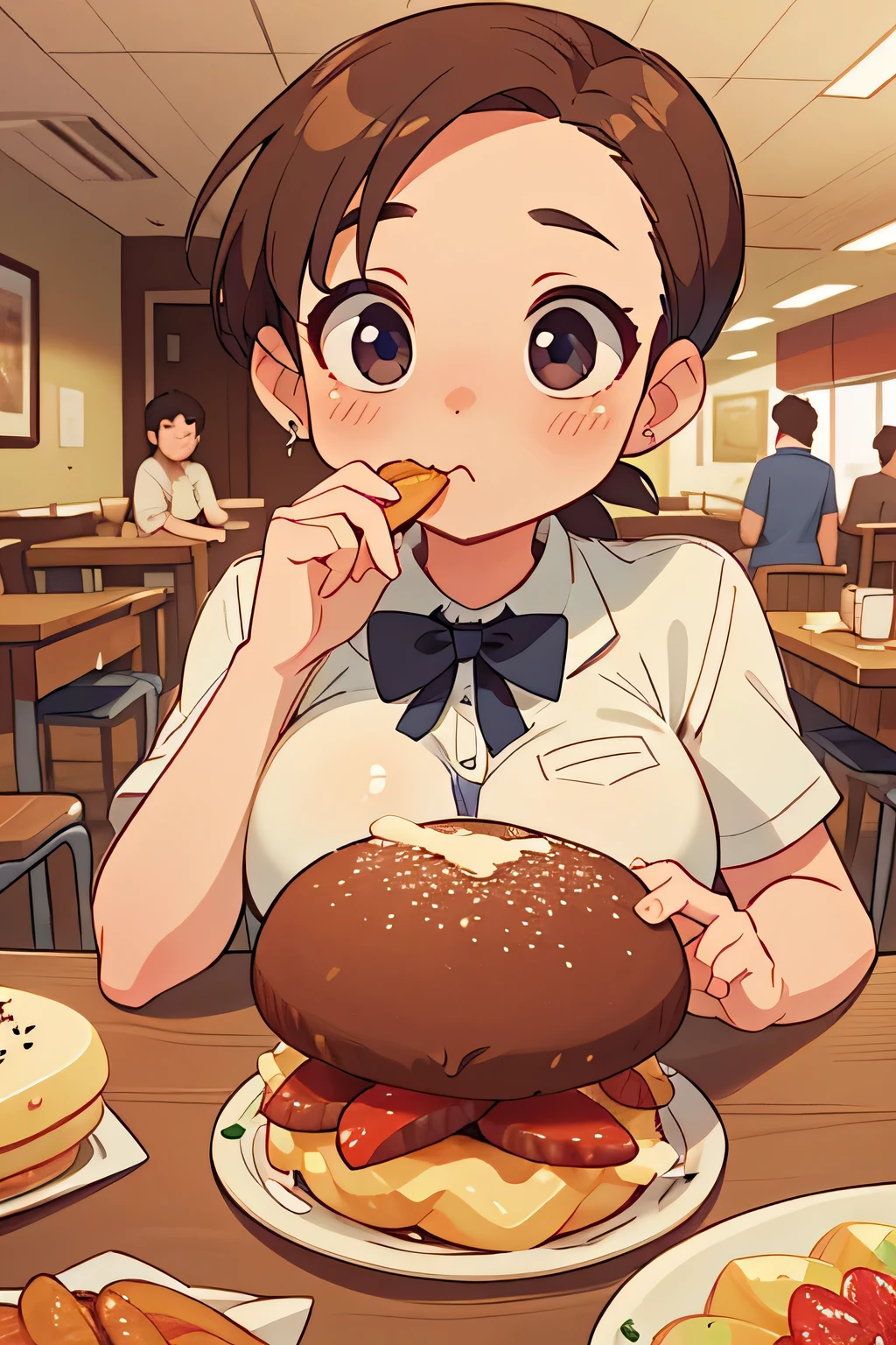 top quality、high definition、(high image quality:1.4)、masterpiece、detailed background、very detailed face、detailed eyes、age beauty、huge breasts、anatomically correct、Dreamy food、A cafeteria that serves food you've never seen、when you eat it gives you a mysterious power、cute