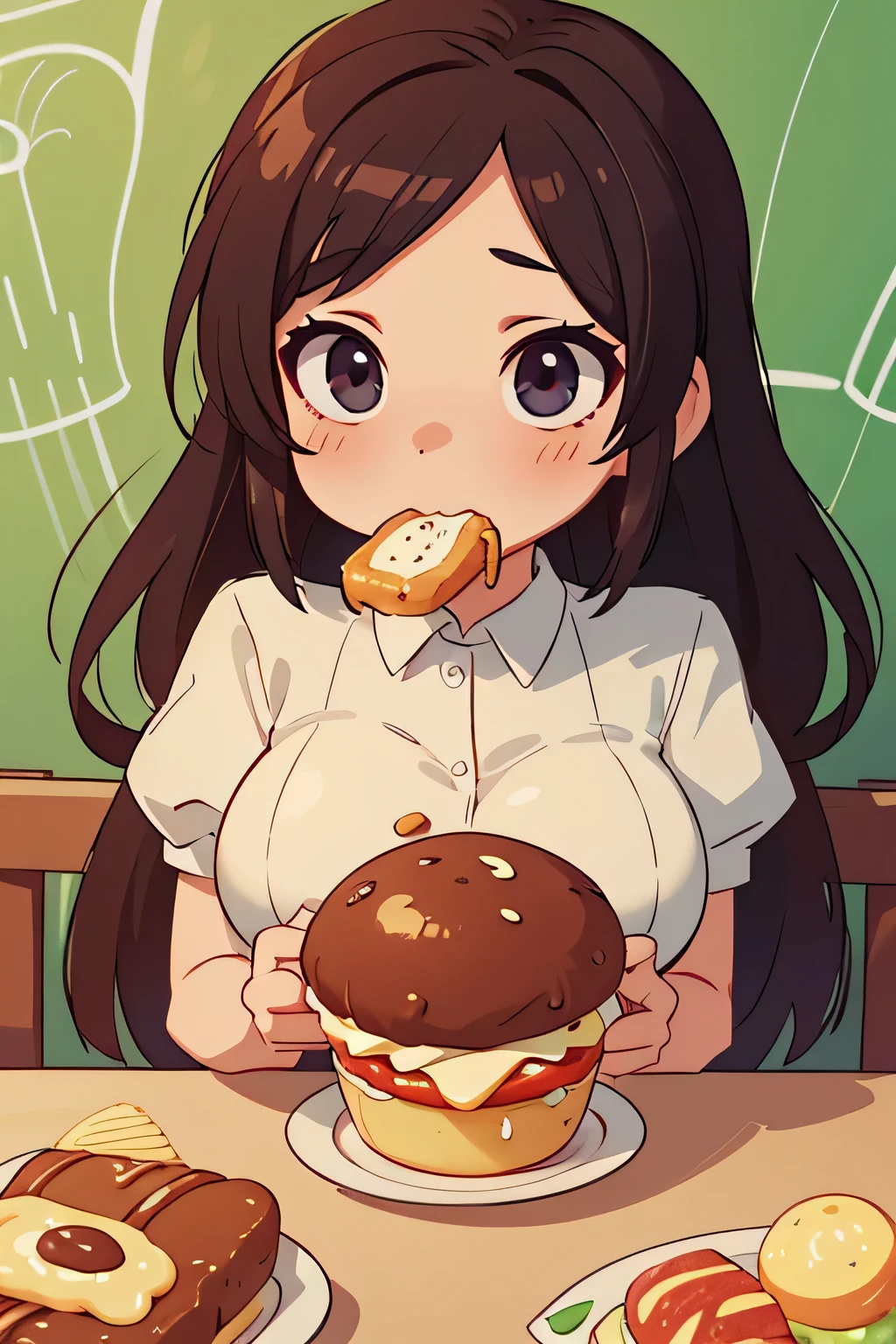 top quality、high definition、(high image quality:1.4)、masterpiece、detailed background、very detailed face、detailed eyes、age beauty、huge breasts、anatomically correct、Dreamy food、A cafeteria that serves food you've never seen、when you eat it gives you a mysterious power、cute