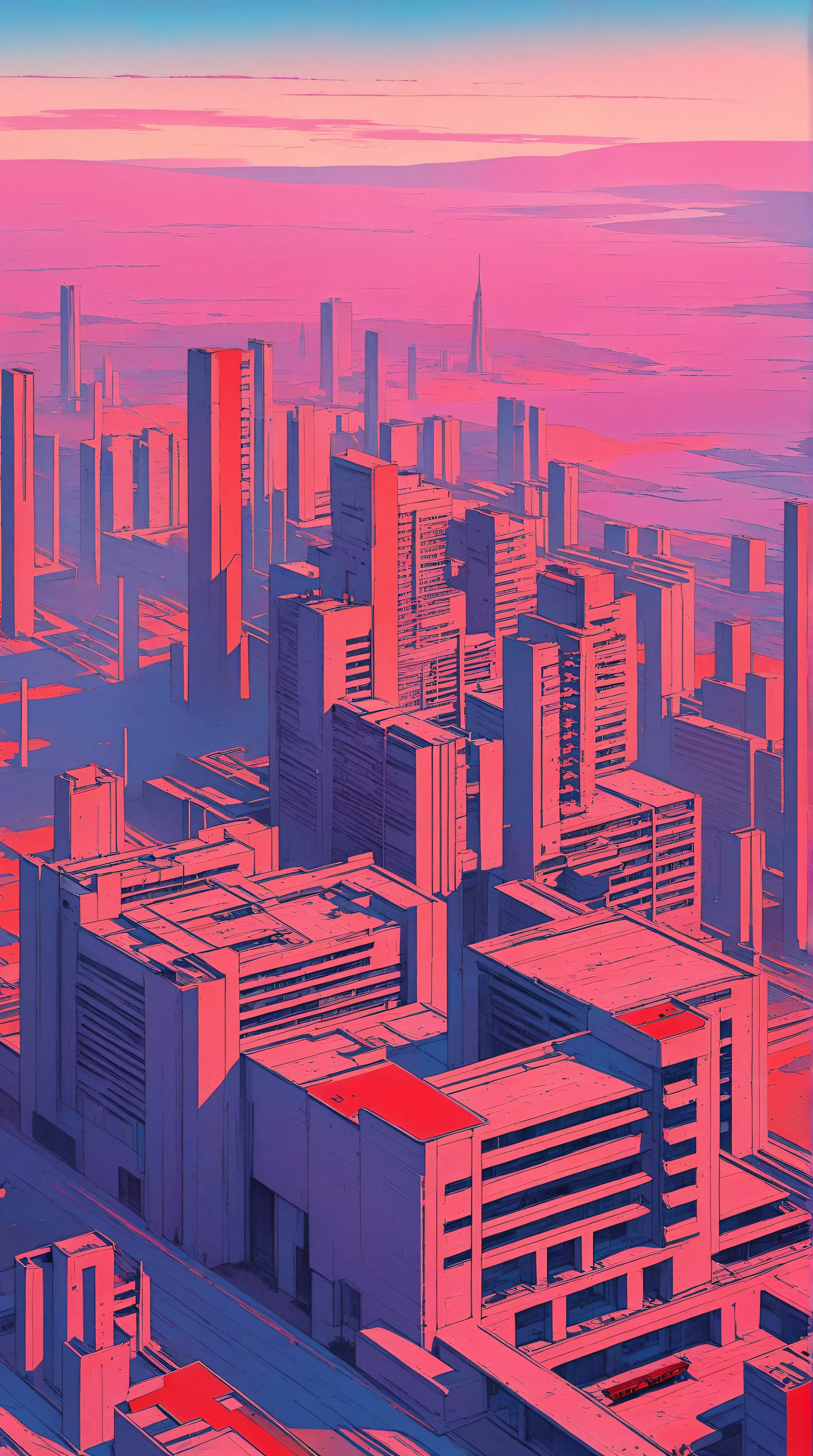 a futuristic landscape in the illustrative style of french illustrator Moebius, (purples, reds, blues), brutalist architecture, brutalism, retrofuturistic, french retro,