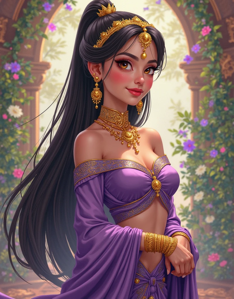 cinematic film still anime artwork beautiful adult woman, solo, smile  <lora:Outfit_soph_CholiLehengaDupatta:0.65> vibrant colors, jasmine \(aladdin\), blue:1.2 harem dancer fashion, dark hair, puffy ponytail,  long ponytail, headband layered lehenga, choli, ((dupatta scarf)), dr3ss, embroidered, organza, lace, standing, choker ,see-through sleeves, long sleeves,  eyeliner, eyeshadow, makeup, iridescent lips  , beautiful garden, outdoors, high quality, best quality, high detail, 8k resolution, standing,   anime style, vibrant, studio anime, highly detailed . shallow depth of field, vignette, highly detailed, high budget, bokeh, cinemascope, moody, epic, gorgeous, film grain, grainy