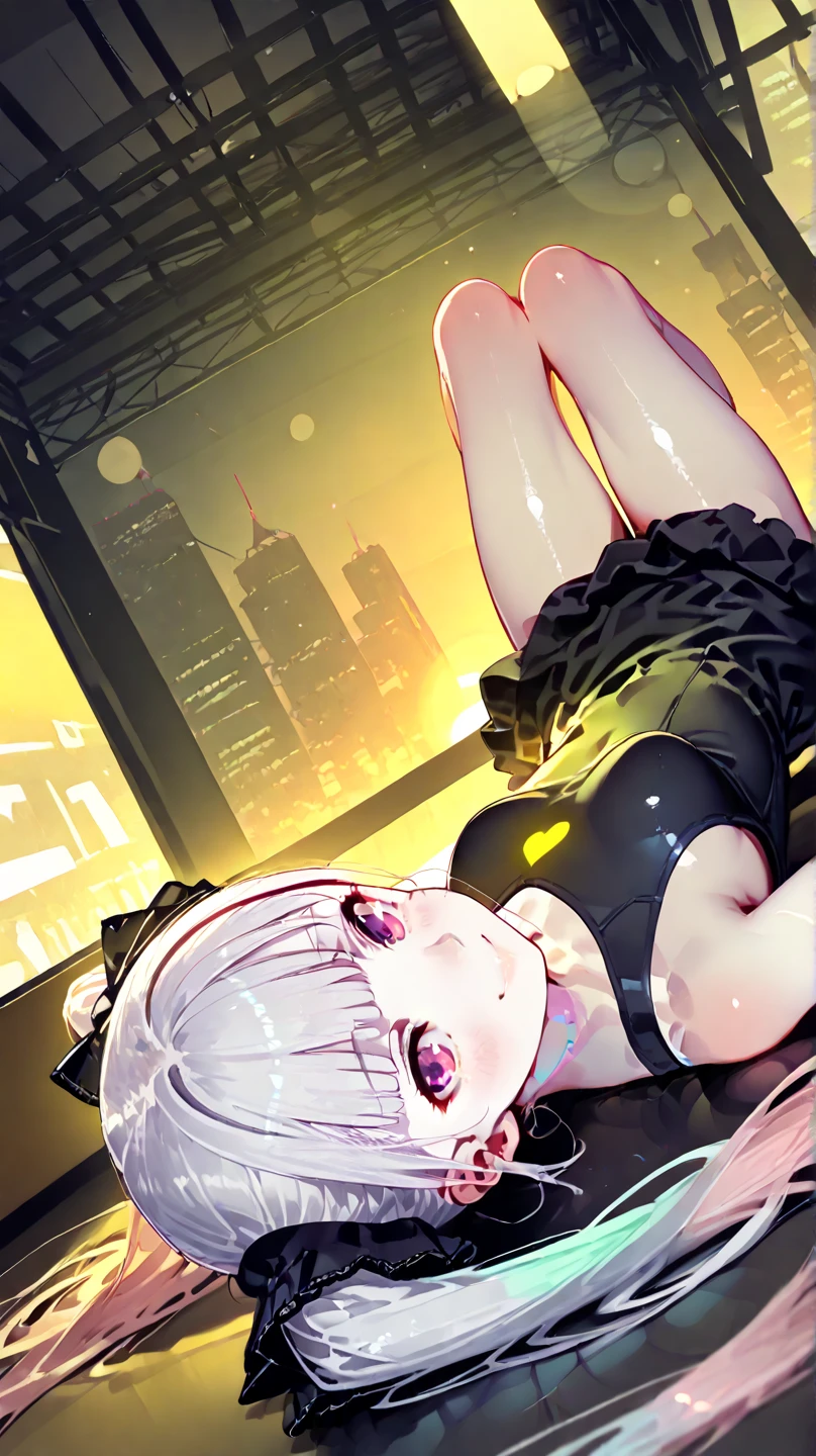 Ancient aerial view, giantess art, highly detailed giantess shot, Giant, short hair, black pantyhose, Huge high school girl bigger than a skyscraper, black vest, black pantyhose, pantyhose soles, pantyhose toes, thighhighs, navel, bare shoulders, shorts, sleeveless, midriff, belt, black thighhighs, crop top, groin, short shorts, clothing cutout, turtleneck, black shorts, cleavage cutout, tank top, sleeveless turtleneck非常小的大都市, Trying to destroy a miniature metropolis, full body depiction, governor, giga giantess, female giant, black pantyhose, Pantyhose feet, pantyhose soles, stomping city, Collapse city, small city, micro city, nanakusa nazuna, night, Lying in the city, Surrealism