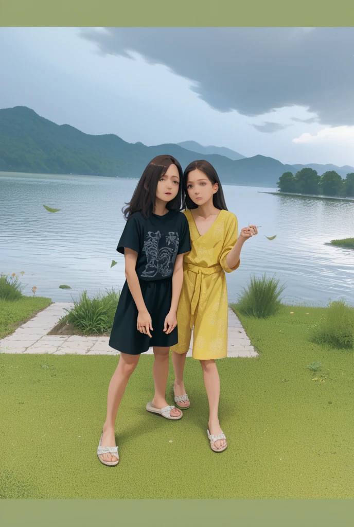 photorealistic 4D caricature, image must be full body, large head, short body, realistic ORI face shape "Two Indonesian youths holding hands. Men: white shirt, black slim-fit formal trousers, black loafers. Women: knee-length floral beach dress, black hair long, intricate texture, casual shoes. Background: branded goods store. Quality: UHD, 18K, glossy