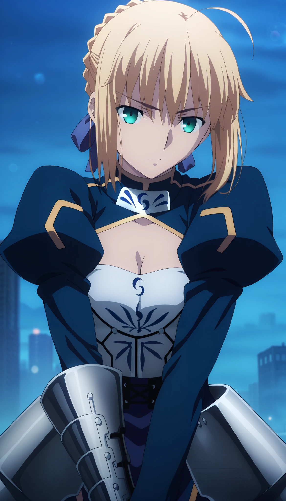 masterpiece, , absurdres, highres, detailed background, high resolution, masterpiece, necessary, detail, best quality, quality, necessary, details, High details, Precise,, steam, fog, load, city, dark, outdoors, lens flare, blurry background, night , from above, girl, ufotable style, anime style, anime screenshot, by ufotable, fate \(series\), heaven's feel, ((half eyes closed)), serious look, upper body, close view,(dutch angle), looking at viewer, cleavage,
girl, mature, tall female,1girl, artoria pendragon (fate), saber (fate), blonde hair, green eyes, hair ribbon, blue ribbon, french braid, braided bun, single hair bun, short hair, sidelocks, turtleneck, blue dress, armored dress, long sleeves, juliet sleeves, gauntlets, faulds, thigh, long dress, medium breast, (anime coloring:1.2), (anime screencap:1.2), (pose:1.2),