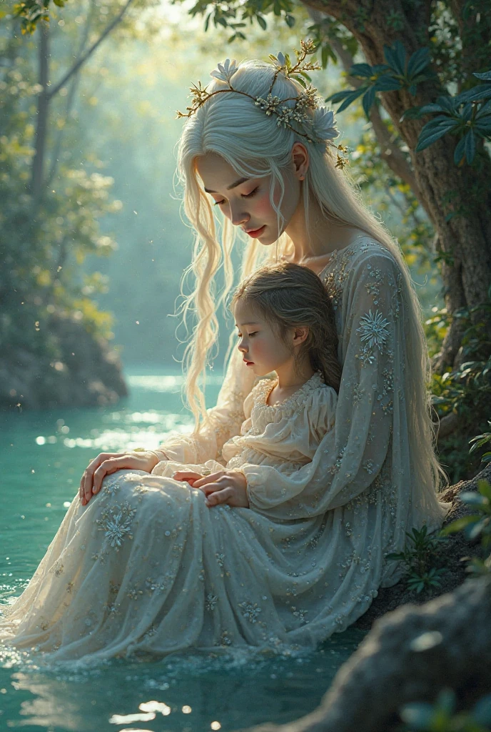 (photorealism:1.2), 1899, western, Young Silver Haired woman, silver green eyes, sitting at the base of a tree with, young child of blonde hair,