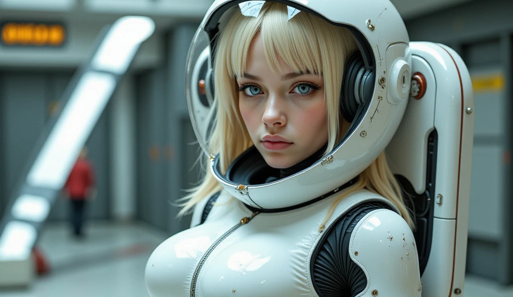 1girl, blonde_hair, solo,(space helmet):6, blue_eyes, looking_at_viewer, futuristic_diving_suit, realistic, breasts, long_hair, lips, medium_breasts, cyborg_enhancements, high_tech_armor, underwater, coral_reef, tropical_fish, sunlight_rays, futuristic_breathing_apparatus