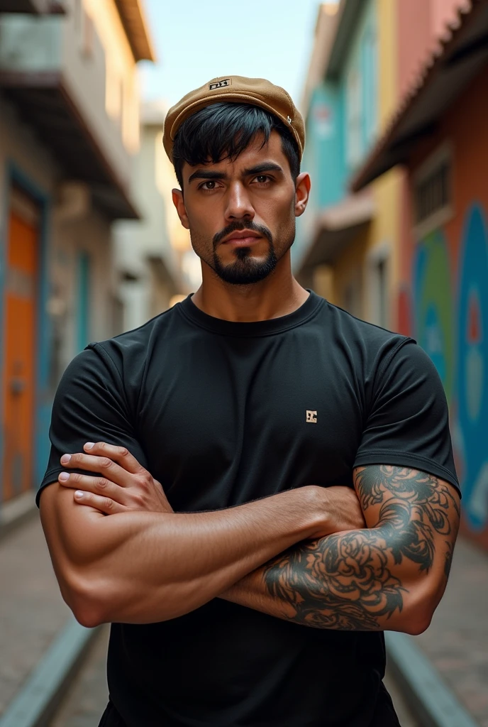 Hombre , corte de cabello fade alto , Dark brown hair, ojos celestes oscuros, tes blanca, tatuajes en cuello y brazos,hoodie Nike color ????? en Toronto canada