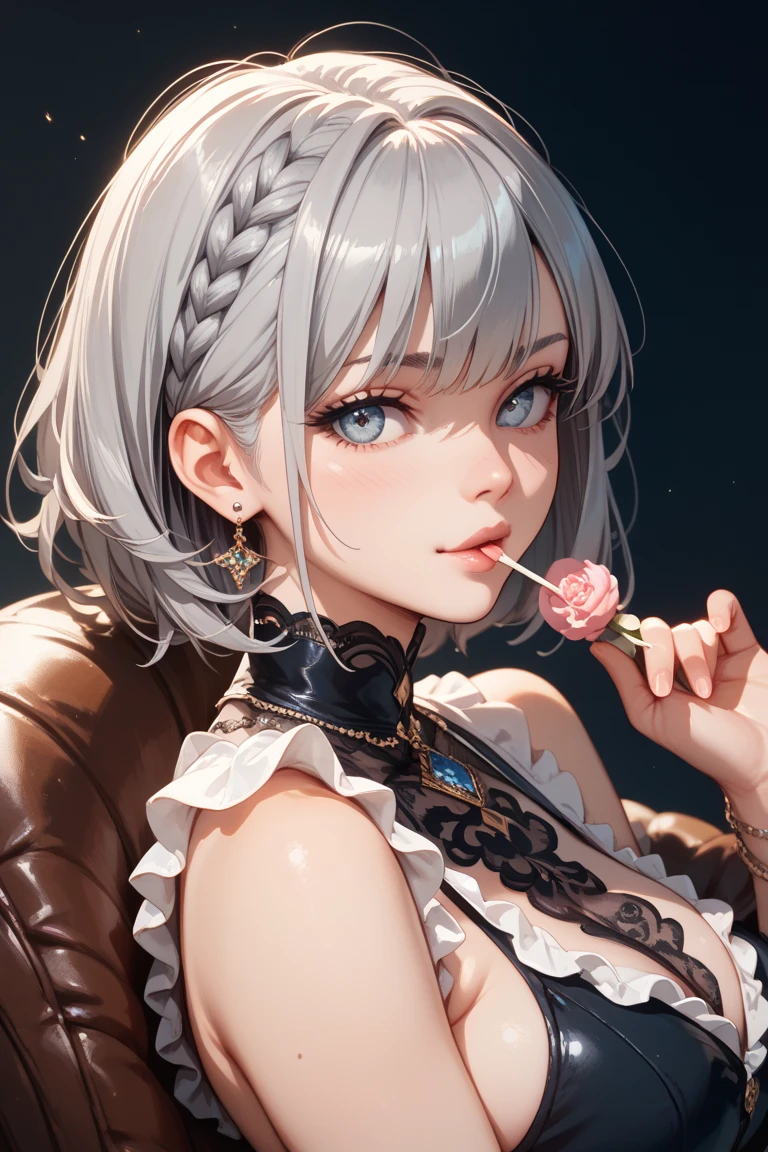 A dynamic anime-style image focusing on the face of a woman with short white hair. She wears a black cloth blindfold over her eyes, giving her a mysterious aura. Her expression is one of calm contentment, with a subtle smile hinting at her lips as she gently holds a white lollipop in her mouth. Her hand, adorned with sleek black gloves, supports the lollipop, her fingers gracefully and lightly touching the stick in a delicate manner.

The wind gently lifts strands of her short white hair, adding movement and depth to the image. Shadows cast by the moving strands of hair and her gloved hand create an intricate pattern on her skin, dynamically shifting with the colors of the background.

The background is filled with a pastel-colored sky, soft hues of pinks and peaches blending seamlessly to set a serene scene. Pink peach leaves float and flutter elegantly around her, carried by the gentle breeze, adding a touch of whimsy and grace to the composition. 

The image employs the golden ratio, balancing every element harmoniously. Deep shadows with a blend of muted colorful tones complement the pastel background, giving depth to her serene expression and the calming yet lively atmosphere.