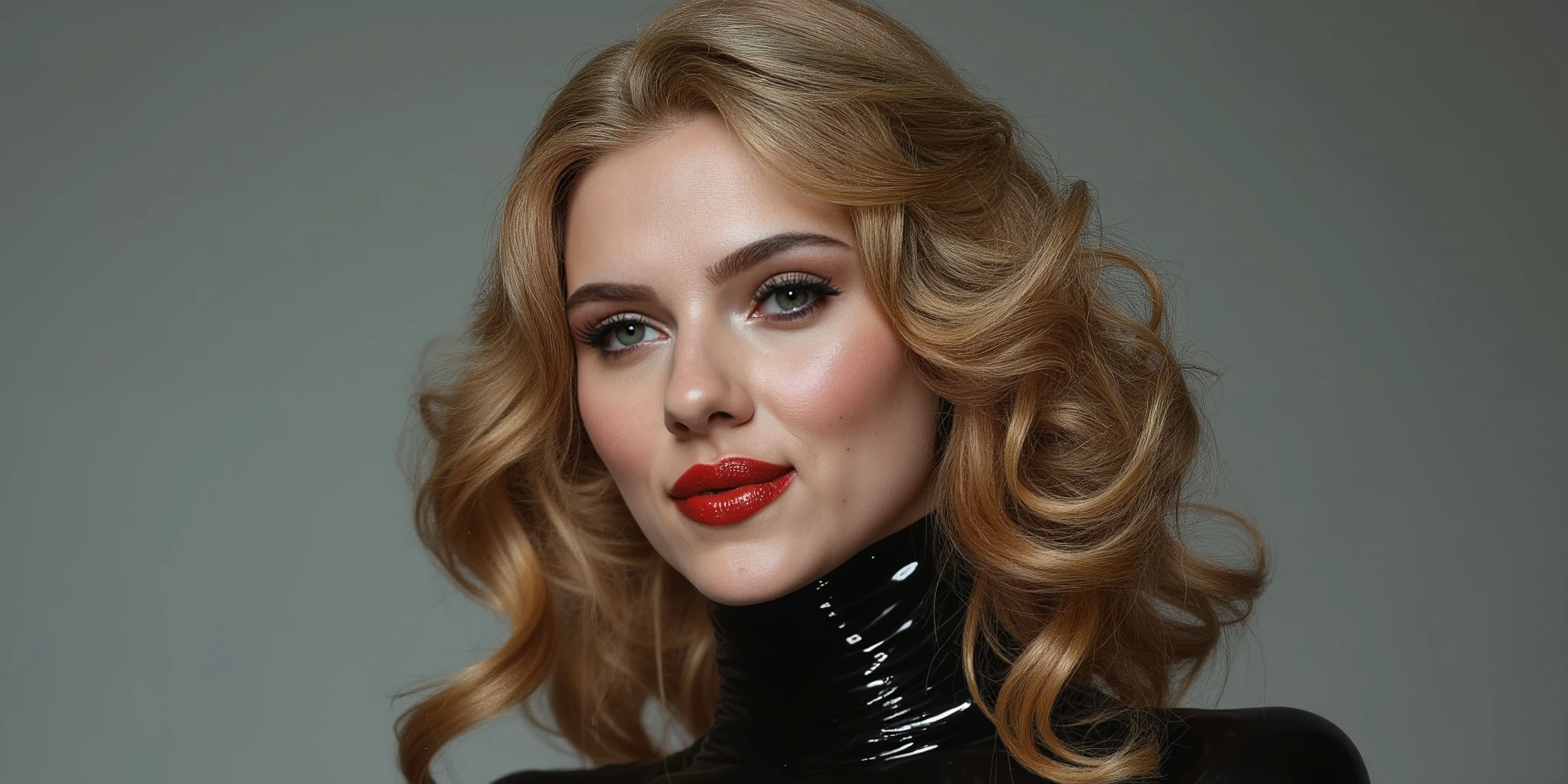 body portrait, elegant blonde hair, extremely shiny scarlet red lip gloss, eyeliner flicks, full latex catsuit latex, smile