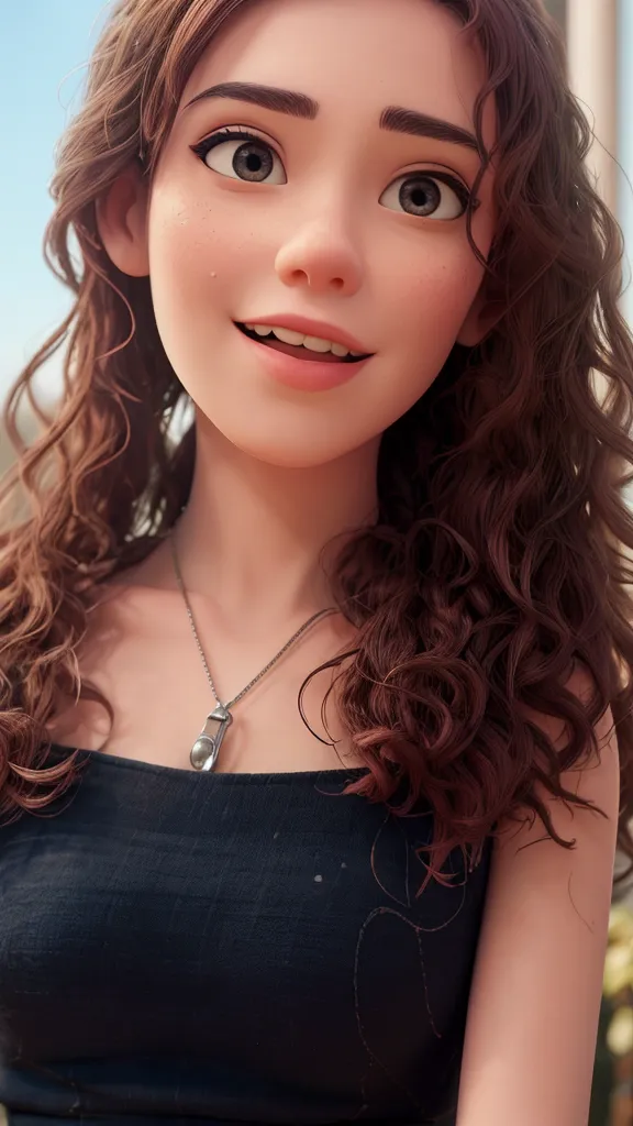 mulher de branco, cabelo cacheado, sorrindo, anime realista