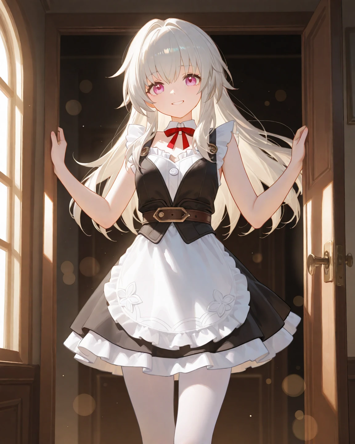 best quality, amazing quality, very aesthetic, absurdres, (1girl, mutsuki, blue archive, solo, red eyes, white hair, side ponytail), (realistic face:0.9),(thong:1.8),dress lift, (grin, blush, thigh:1.3), (cowboy shot), (glistening eyes), (half closed eyes:0.9), (), (official art:1.3), (panties around one leg), expressive eyes, perfect face, 4k, extremely detailed anime illustration, extremely detailed eyes, perfect anatomy, light rays, extremely delicate body, smooth skin, (anime background:1.5), clear eyes, beautiful face, small breasts,(anime style:1.7), (Warm Light:1.5), (highres:2),