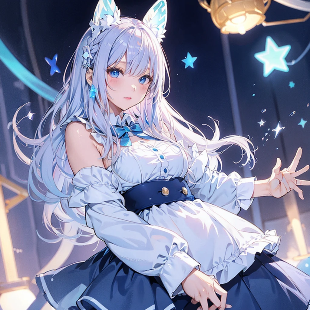 (A Masterpiece)、(Top quality anime illustrations)、(ultra definition)、a 1 girl、solo、、Beautiful girl with silver hair、Anime Loli、Cat eared loli、Idol、seethrough、Sleeveless、smiling smile、Cleavage emphasis、Lower milk emphasis、thights