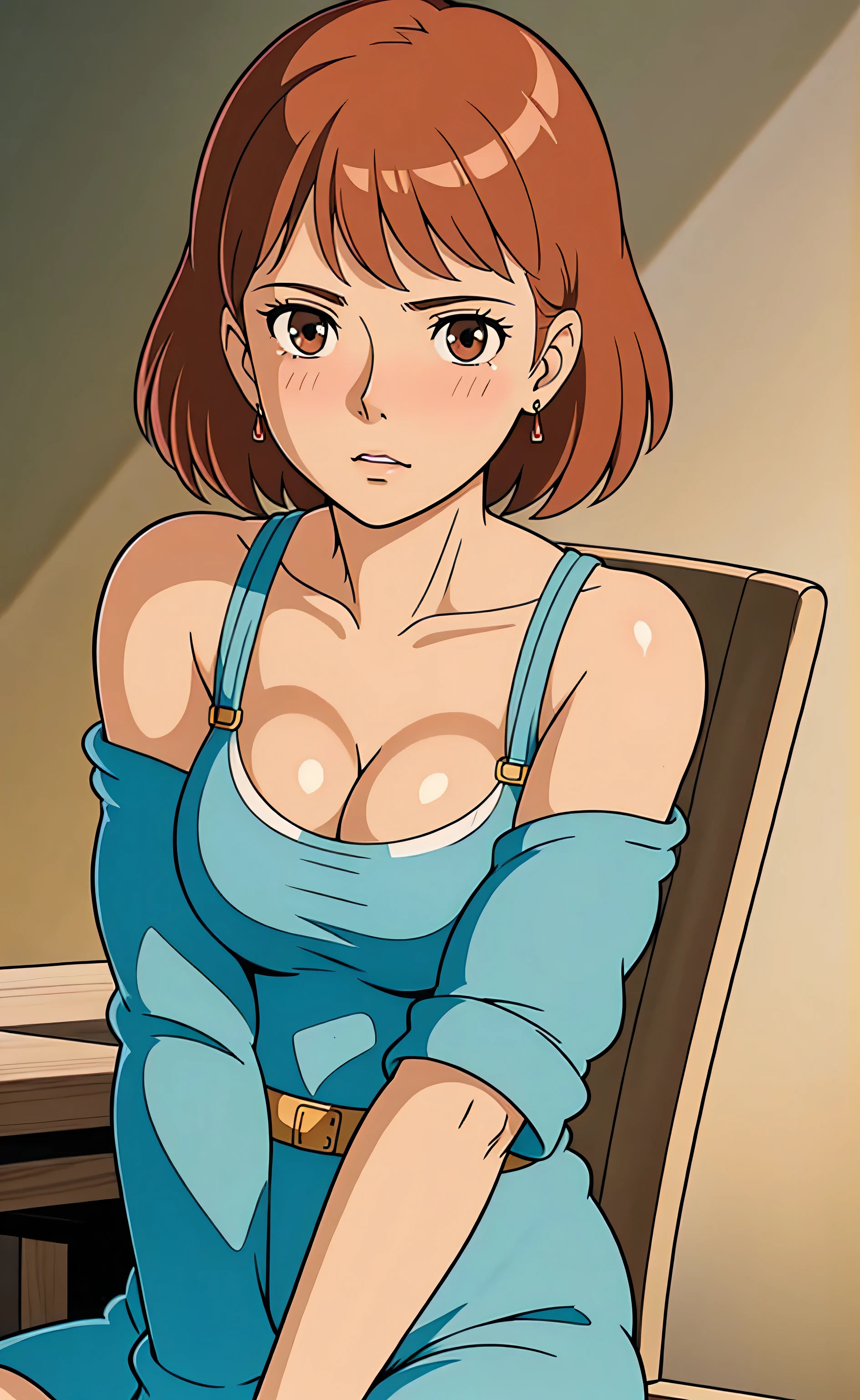 Nausicaa, 1girl, solo, cute, blush, slim, brown hair, (looking at away, cleavage), upper body, large breasts, (white V large tanktop), sitting on wooden chair, large empty room, 3D rendering:1.3, (perfect detailed anatomy, beautiful face&eyes, perfect body)